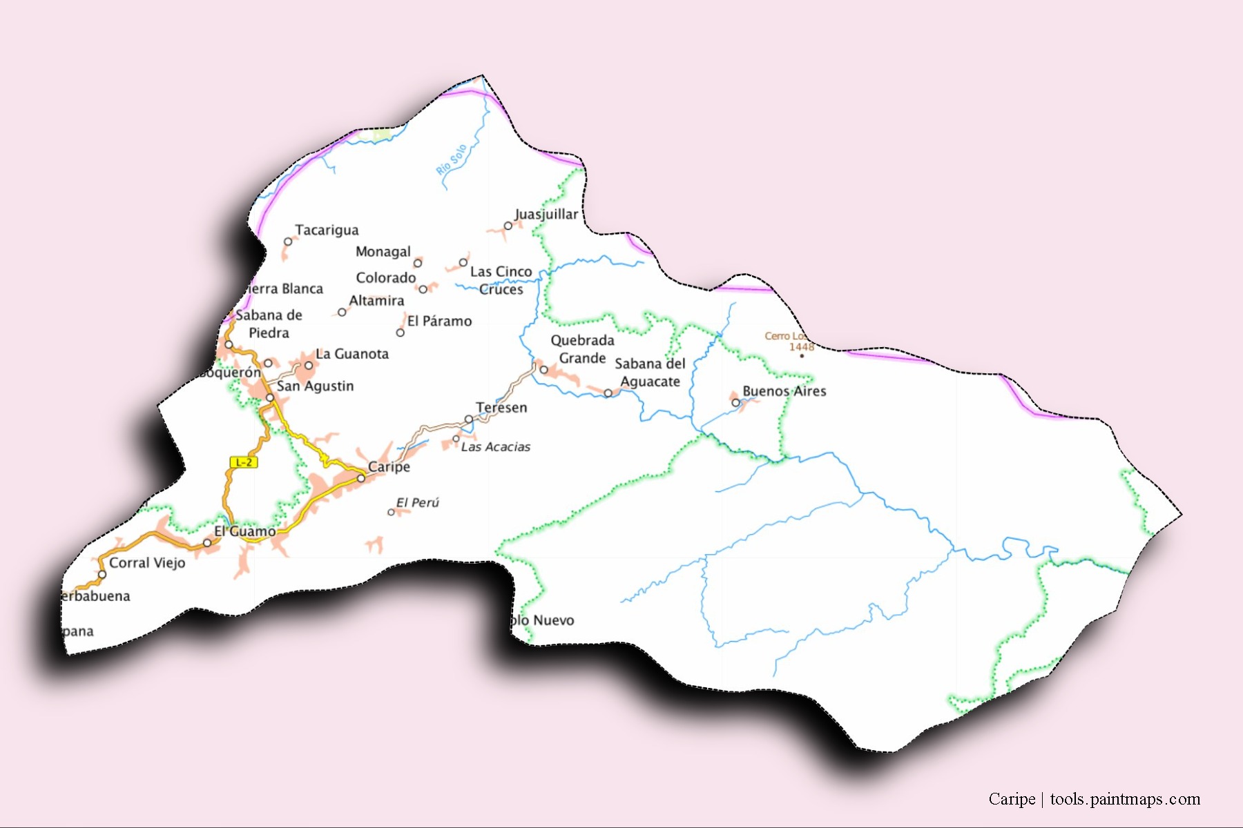 Mapa de barrios y pueblos de Caripe con efecto de sombra 3D