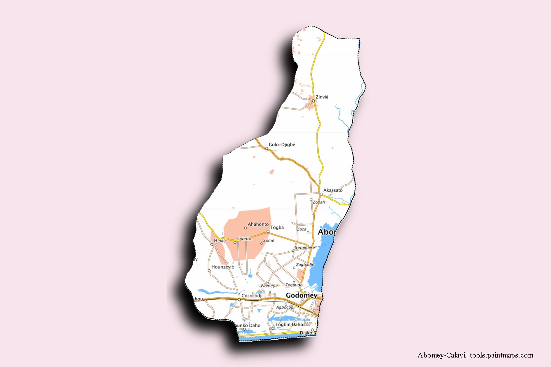 Abomey-Calavi neighborhoods and villages map with 3D shadow effect