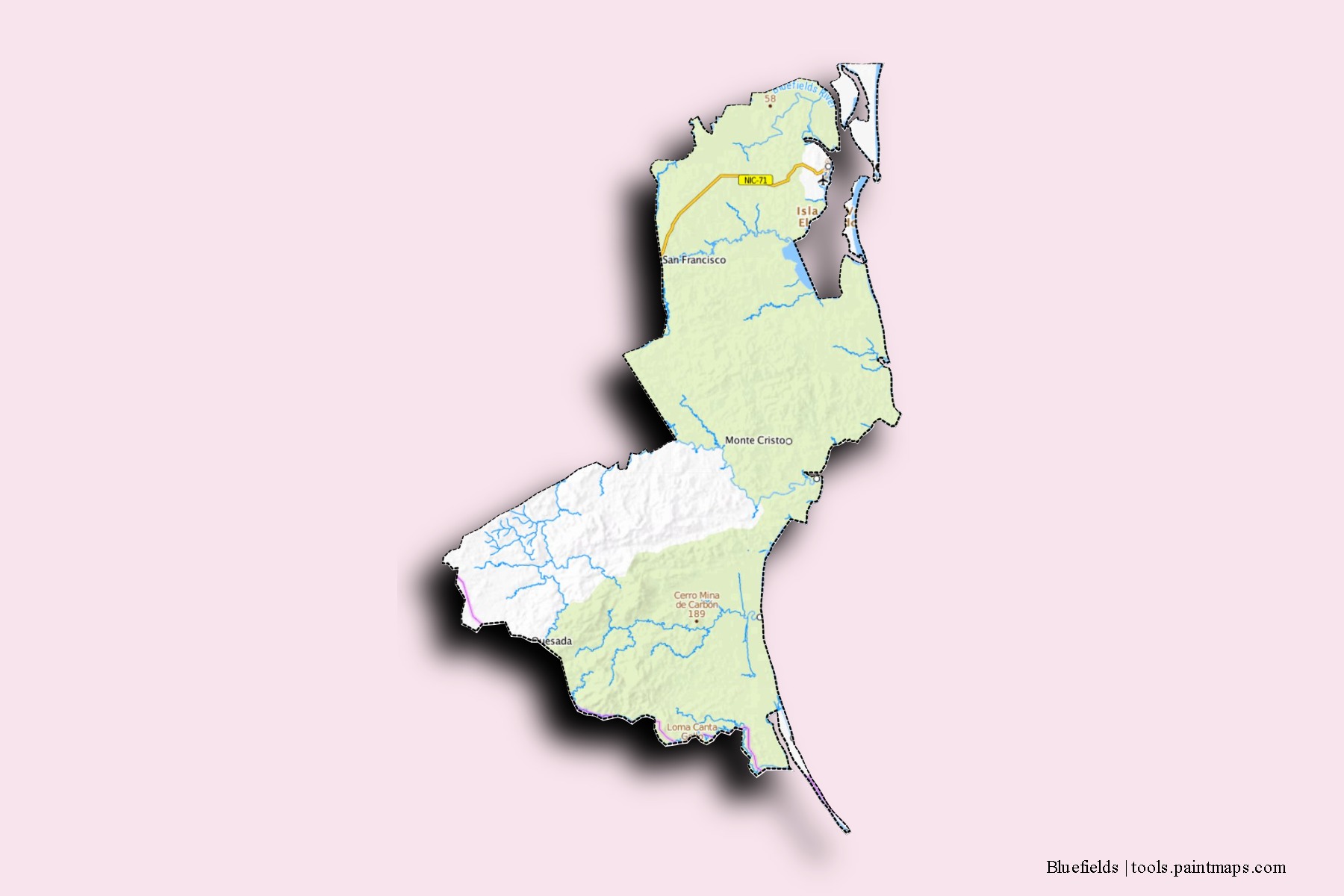 Mapa de barrios y pueblos de Bluefields con efecto de sombra 3D