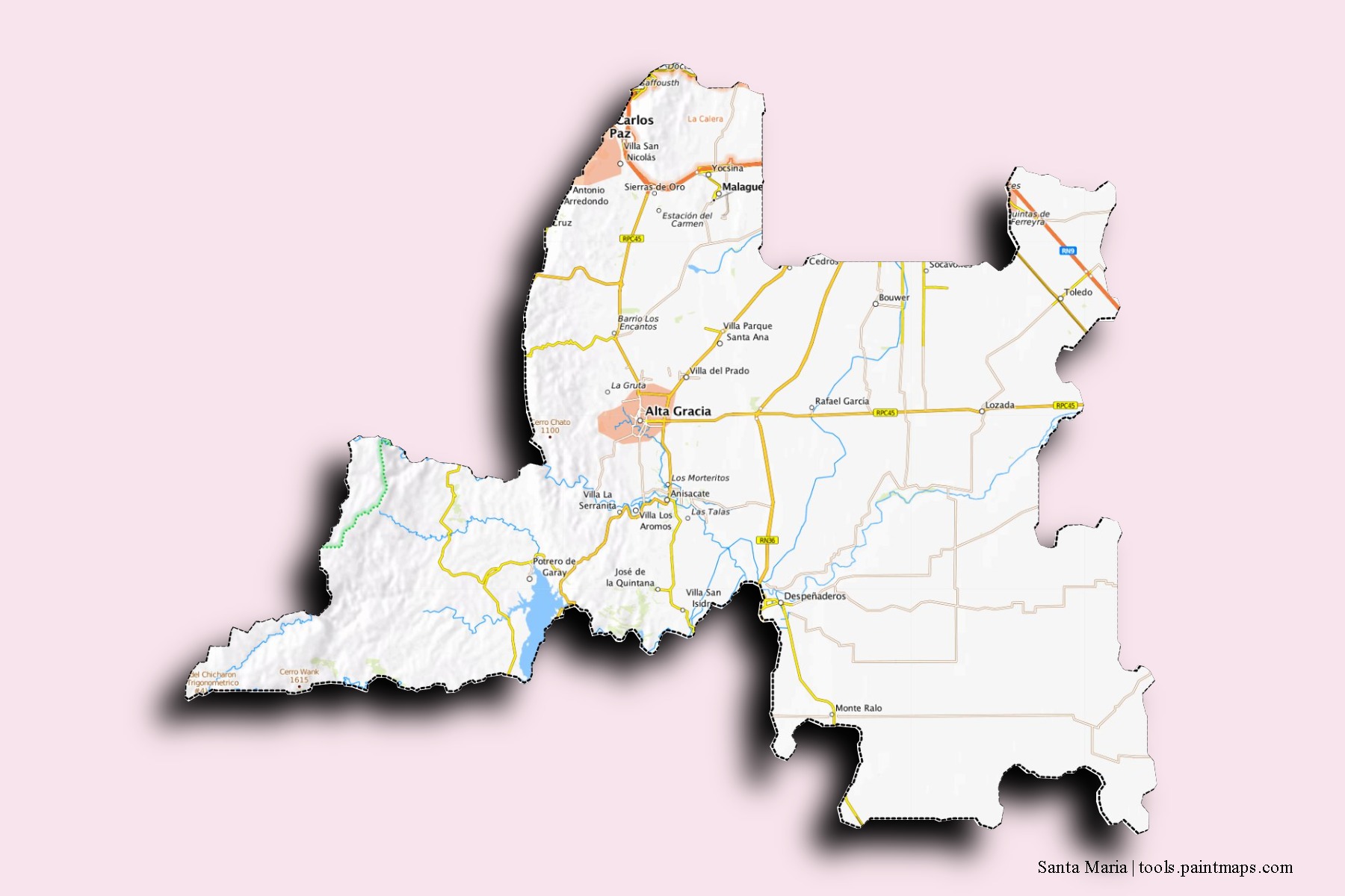 Mapa de barrios y pueblos de Santa Maria con efecto de sombra 3D