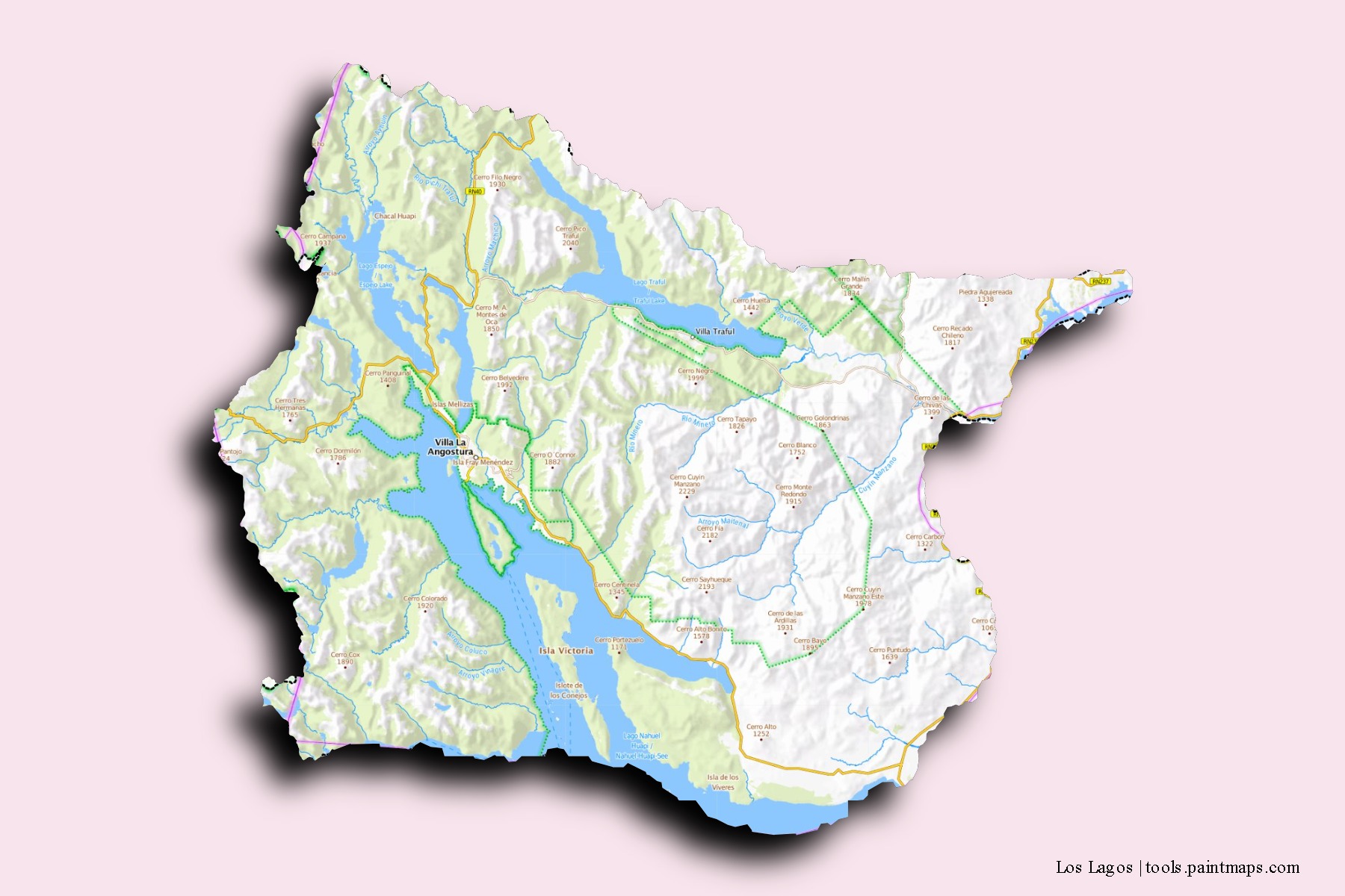 Mapa de barrios y pueblos de Los Lagos con efecto de sombra 3D