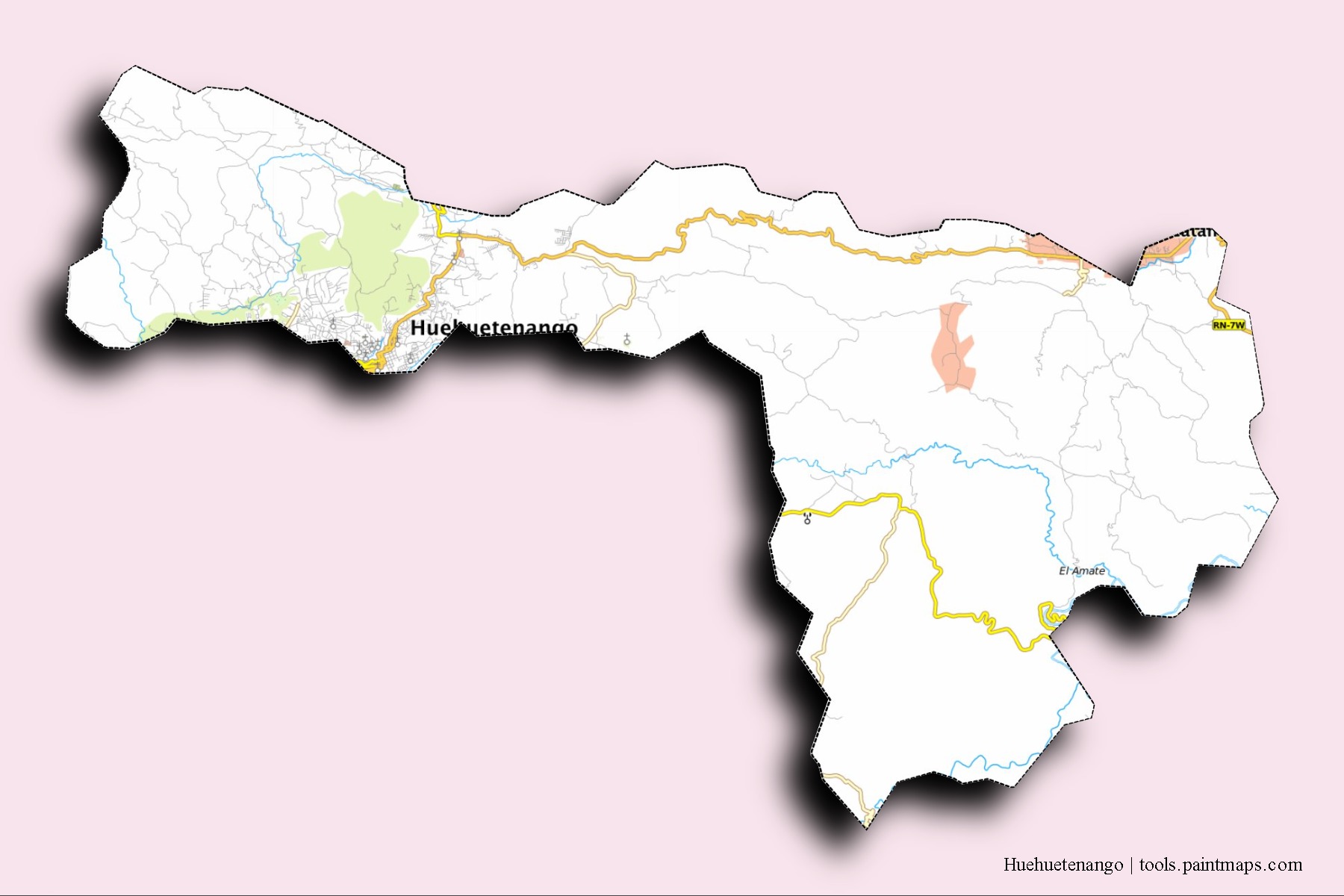 Huehuetenango neighborhoods and villages map with 3D shadow effect