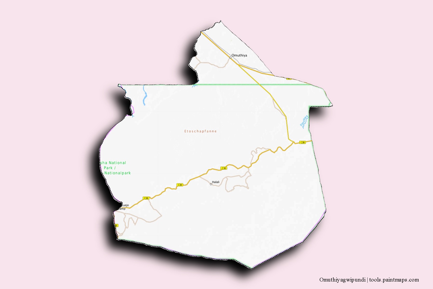 Mapa de barrios y pueblos de Omuthiyagwipundi con efecto de sombra 3D