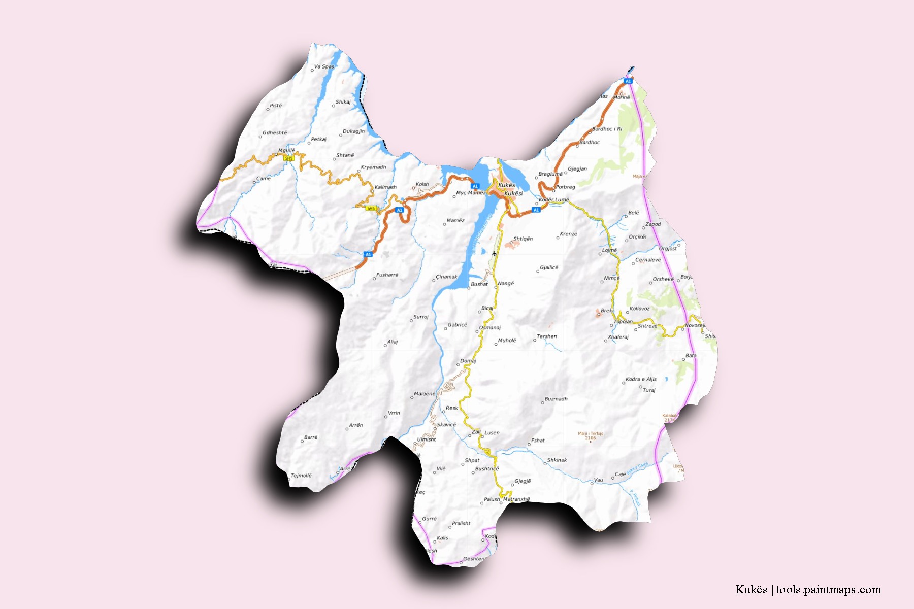 Mapa de barrios y pueblos de Kukës con efecto de sombra 3D