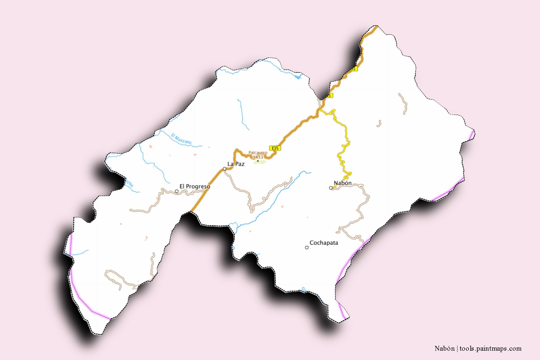 Mapa de barrios y pueblos de Nabón con efecto de sombra 3D