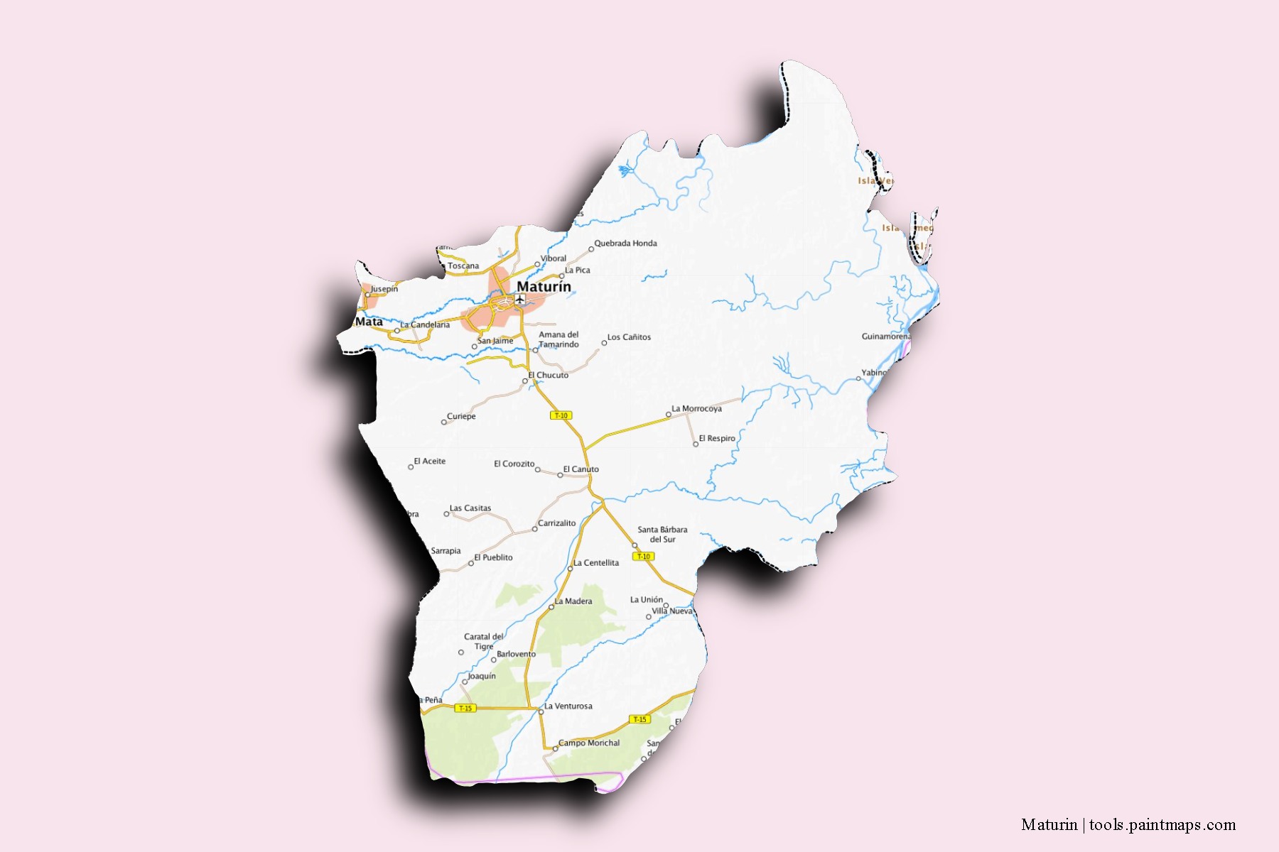 Mapa de barrios y pueblos de Maturin con efecto de sombra 3D