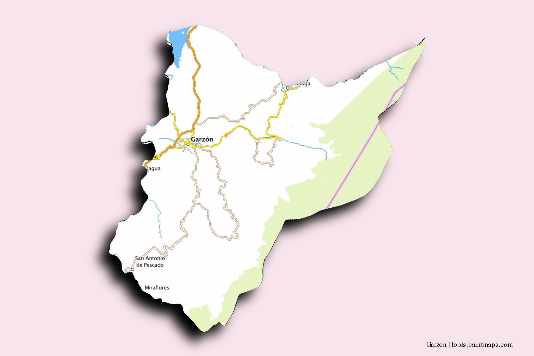 Mapa de barrios y pueblos de Garzón con efecto de sombra 3D