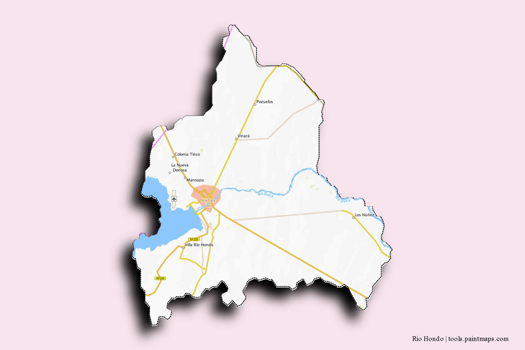 Mapa de barrios y pueblos de Rio Hondo con efecto de sombra 3D