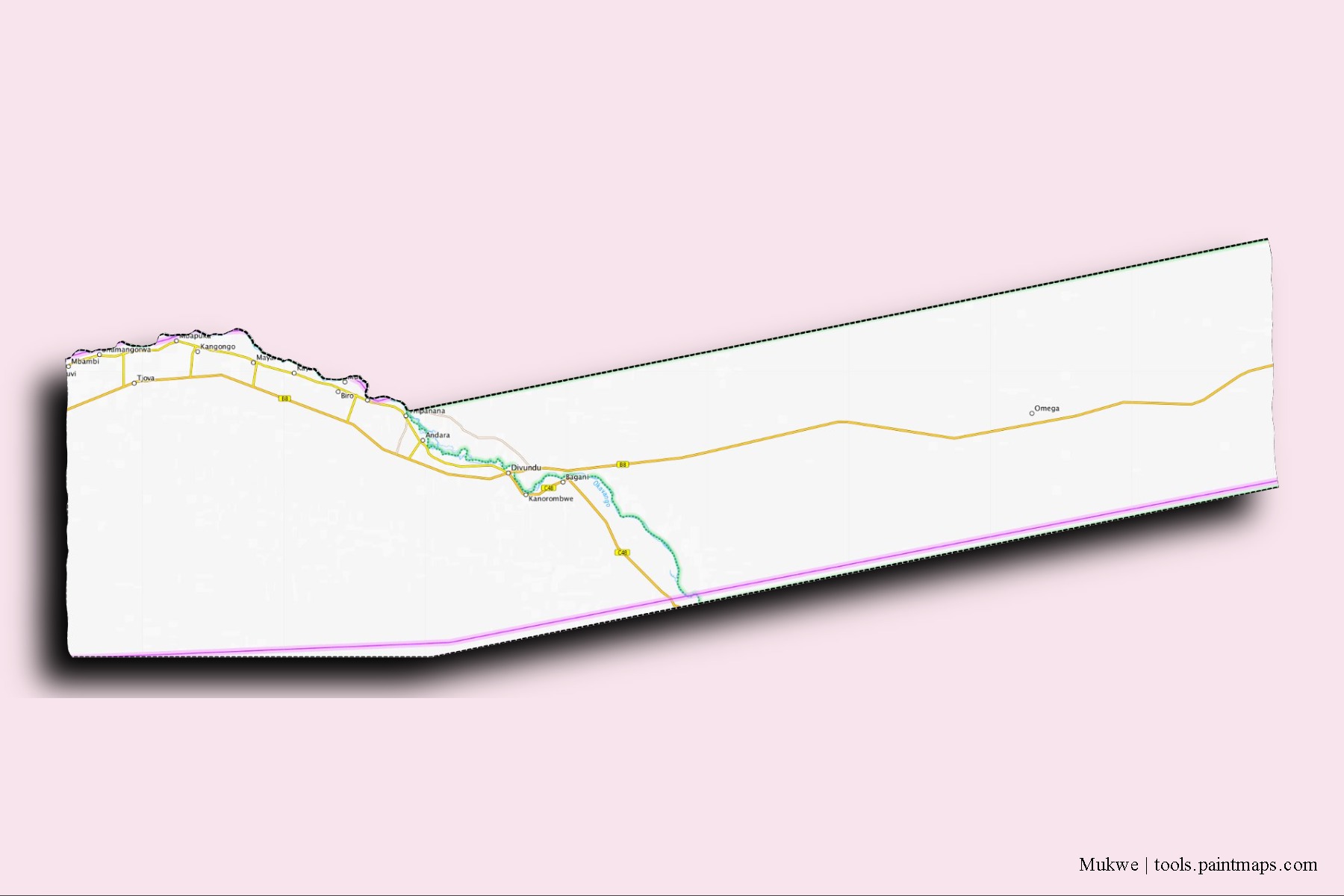 Mapa de barrios y pueblos de Mukwe con efecto de sombra 3D