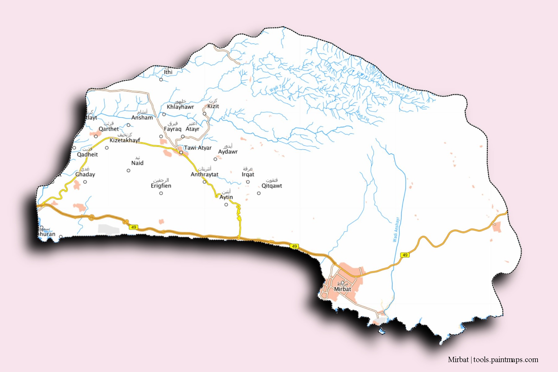 Mapa de barrios y pueblos de Mirbat con efecto de sombra 3D