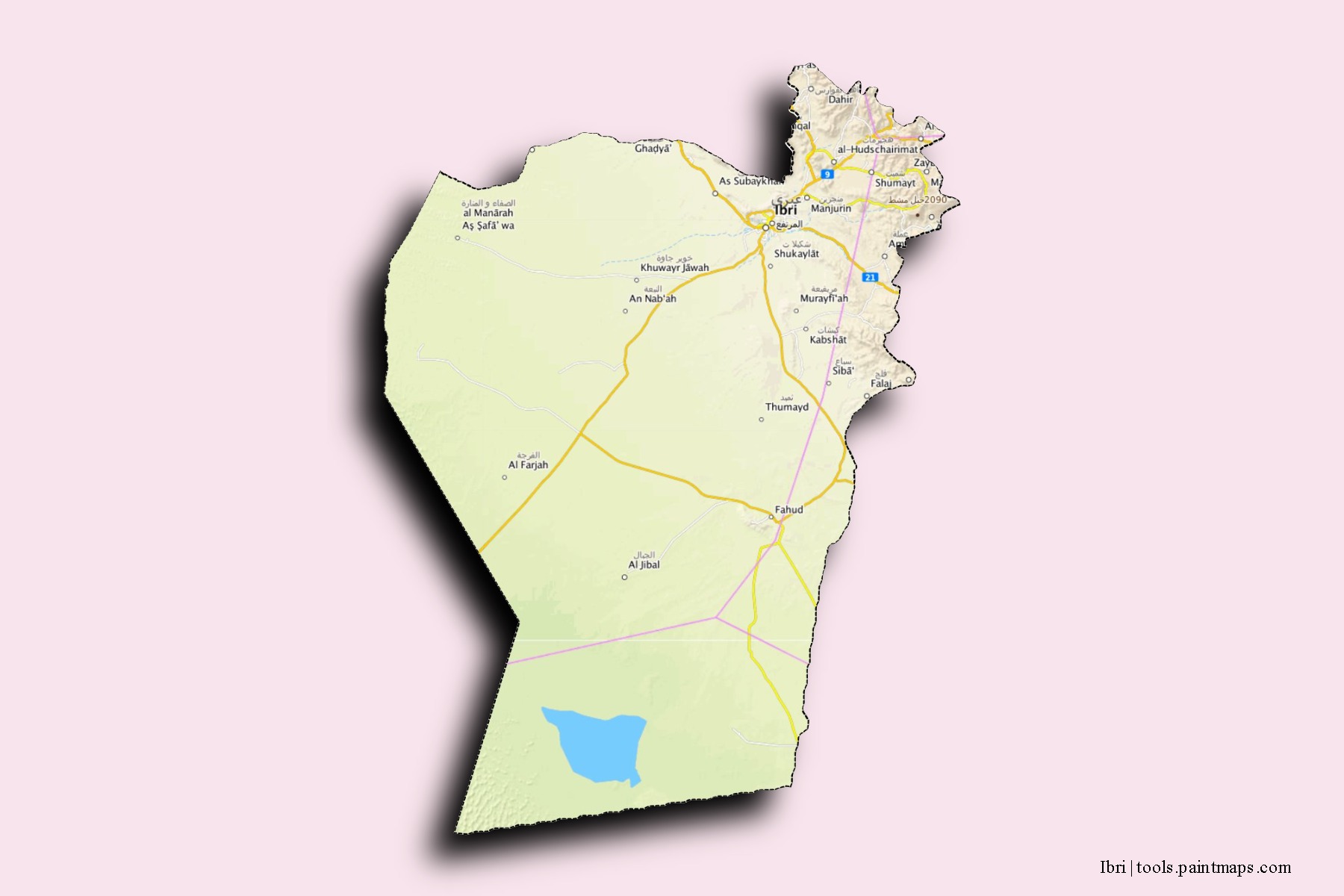 Mapa de barrios y pueblos de Ibri con efecto de sombra 3D