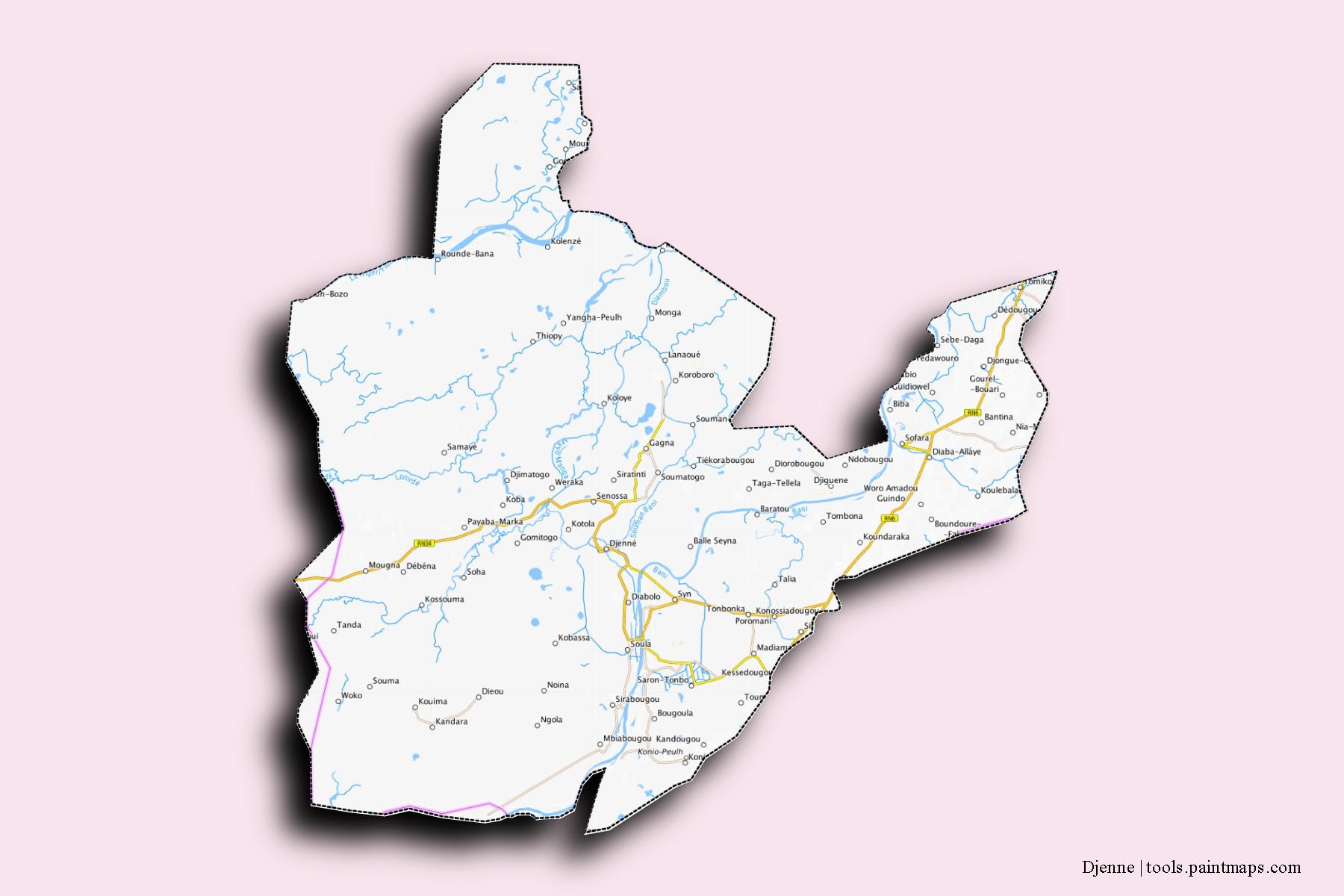 Mapa de barrios y pueblos de Djenne con efecto de sombra 3D