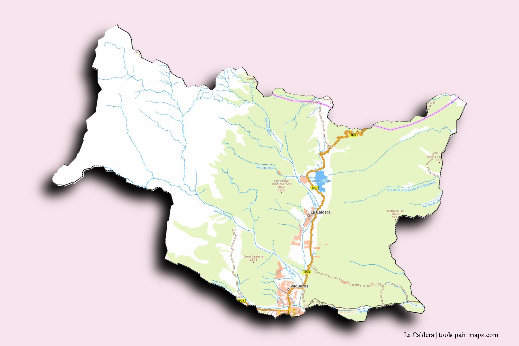 La Caldera neighborhoods and villages map with 3D shadow effect