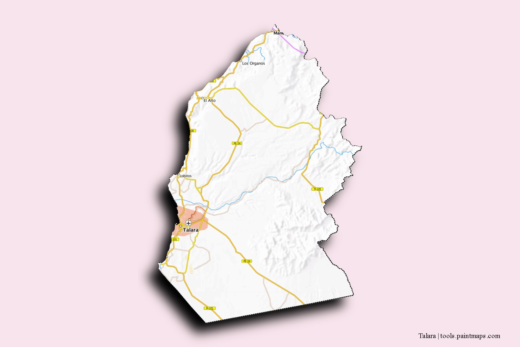 Mapa de barrios y pueblos de Talara con efecto de sombra 3D