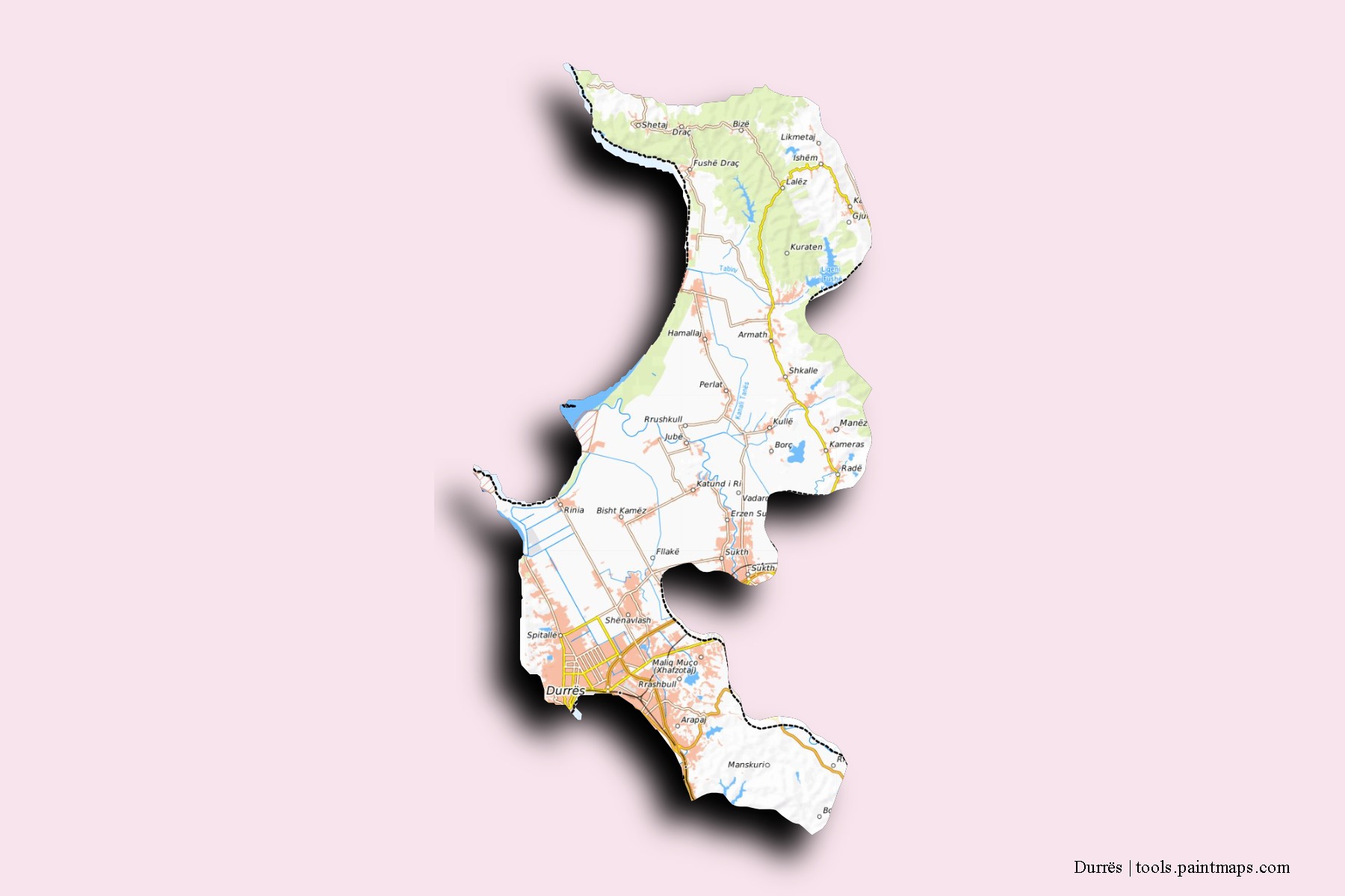 Mapa de barrios y pueblos de Durrës con efecto de sombra 3D