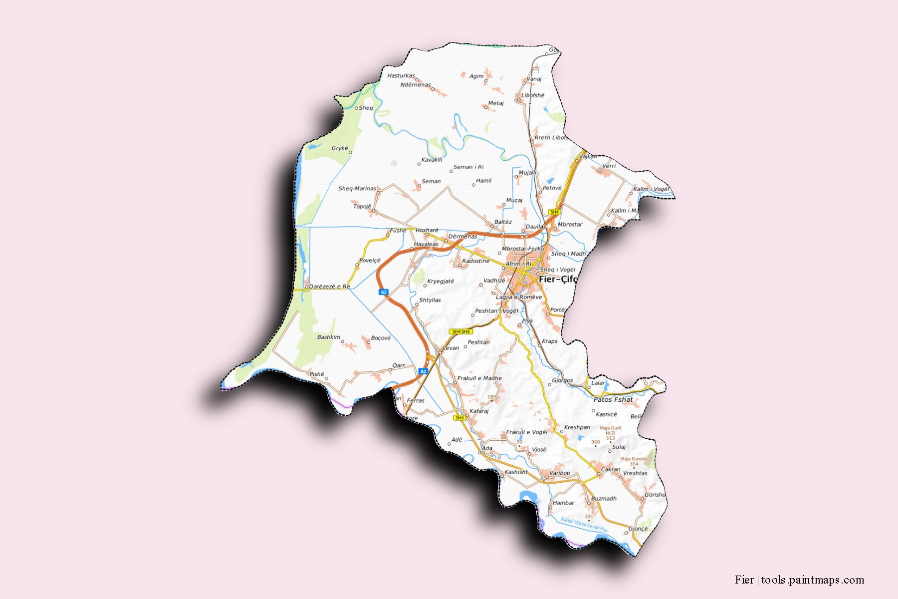 Mapa de barrios y pueblos de Fier con efecto de sombra 3D