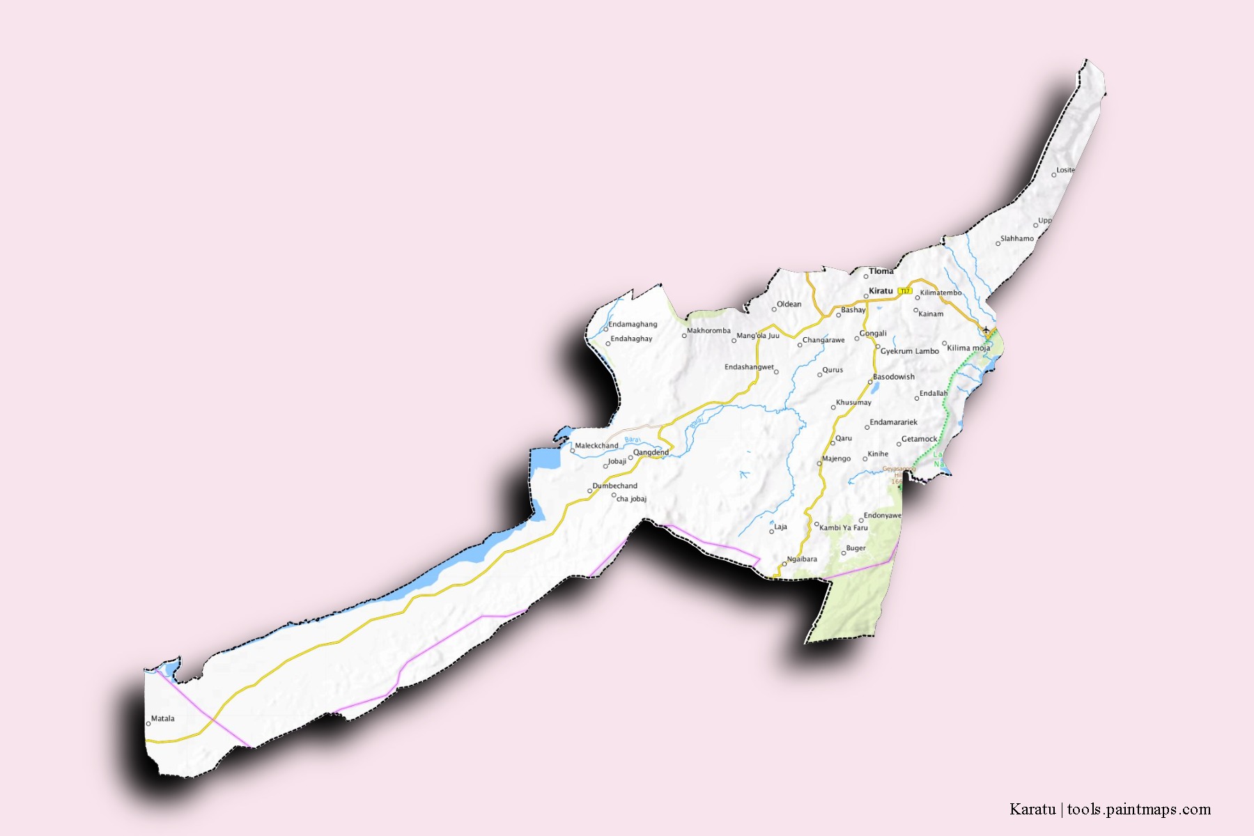 Mapa de barrios y pueblos de Karatu con efecto de sombra 3D