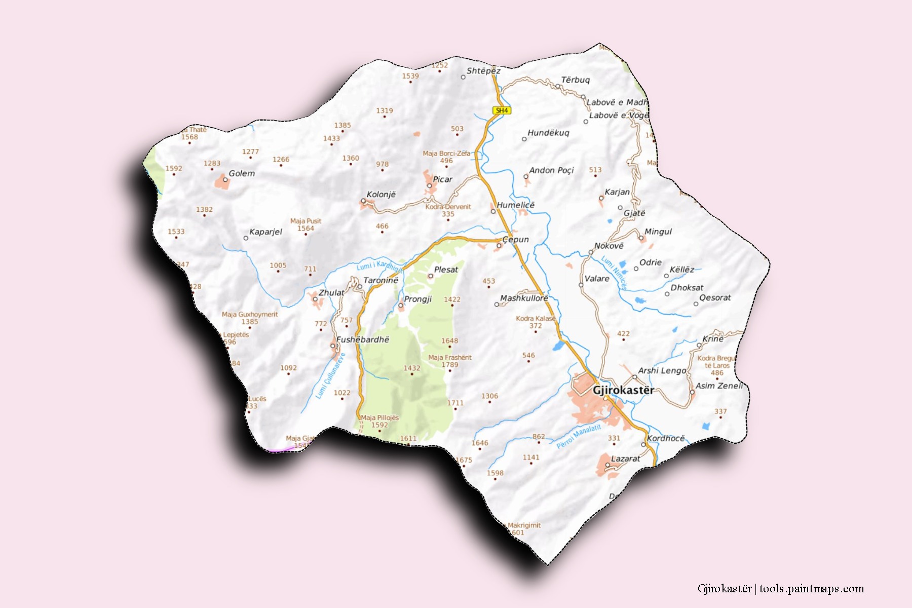 Mapa de barrios y pueblos de Gjirokastër con efecto de sombra 3D