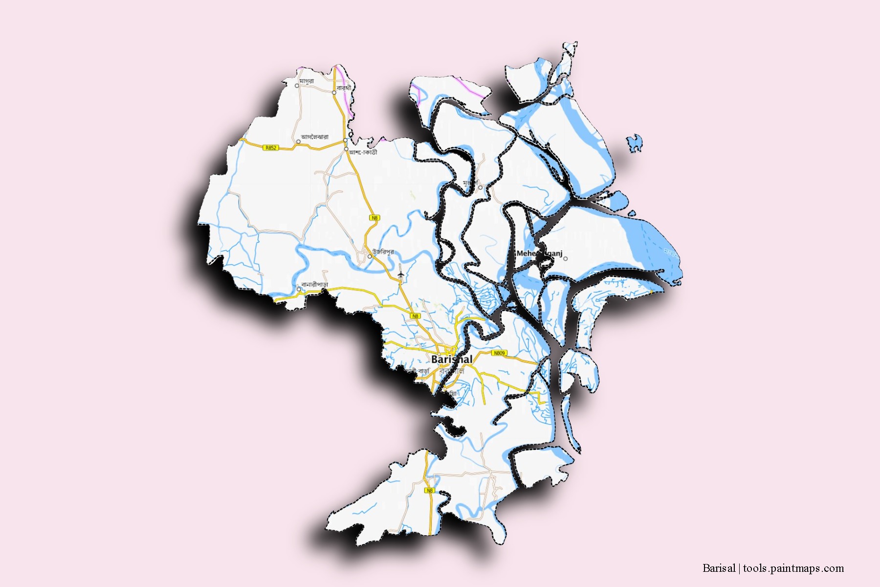 3D gölge efektli Barisal District mahalleleri ve köyleri haritası