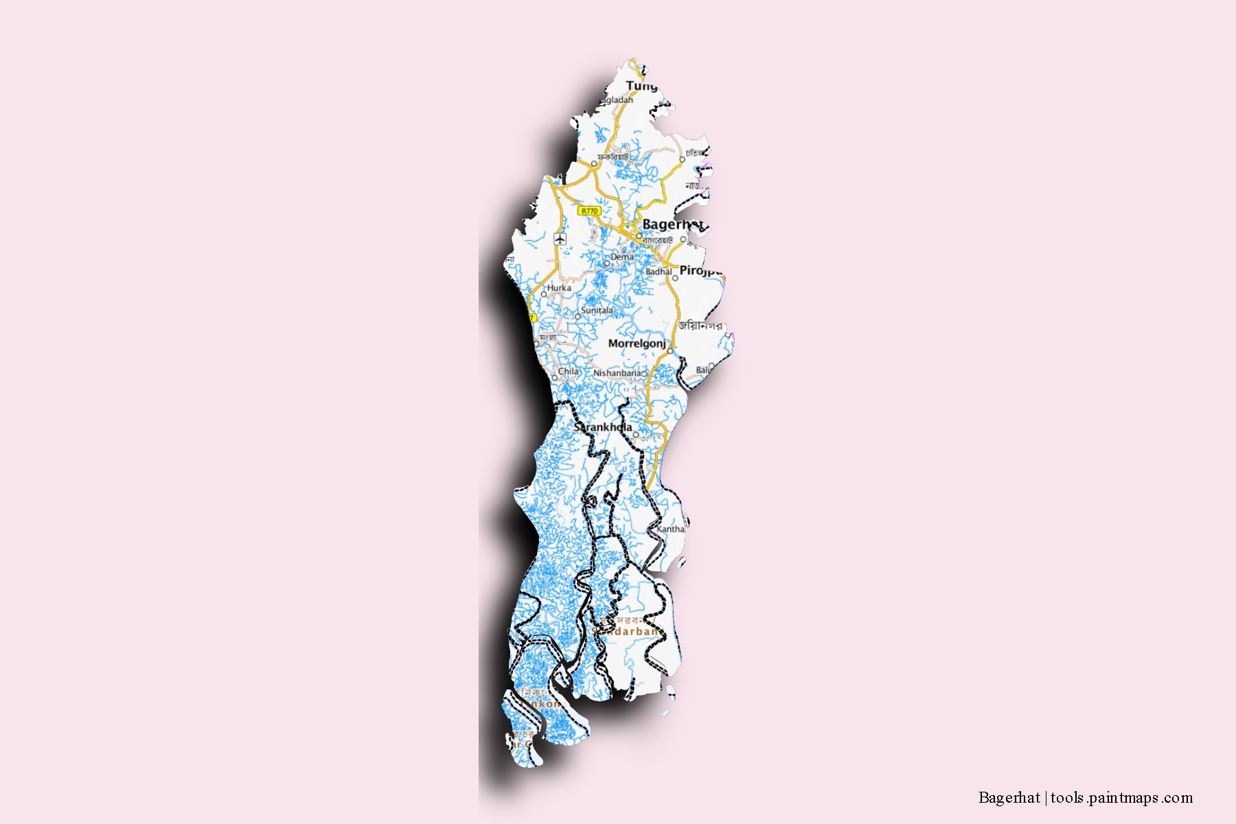 Mapa de barrios y pueblos de Bagerhat con efecto de sombra 3D