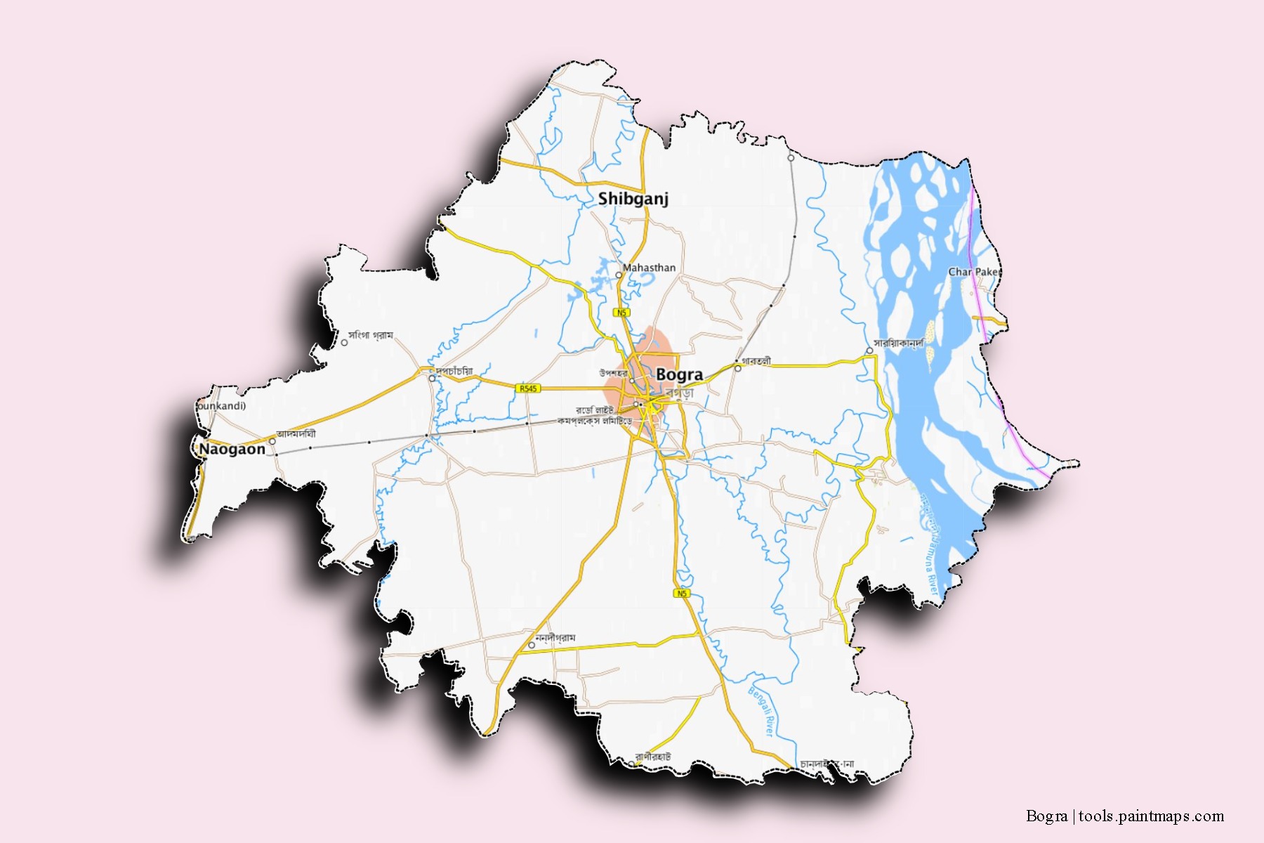 Bogra neighborhoods and villages map with 3D shadow effect