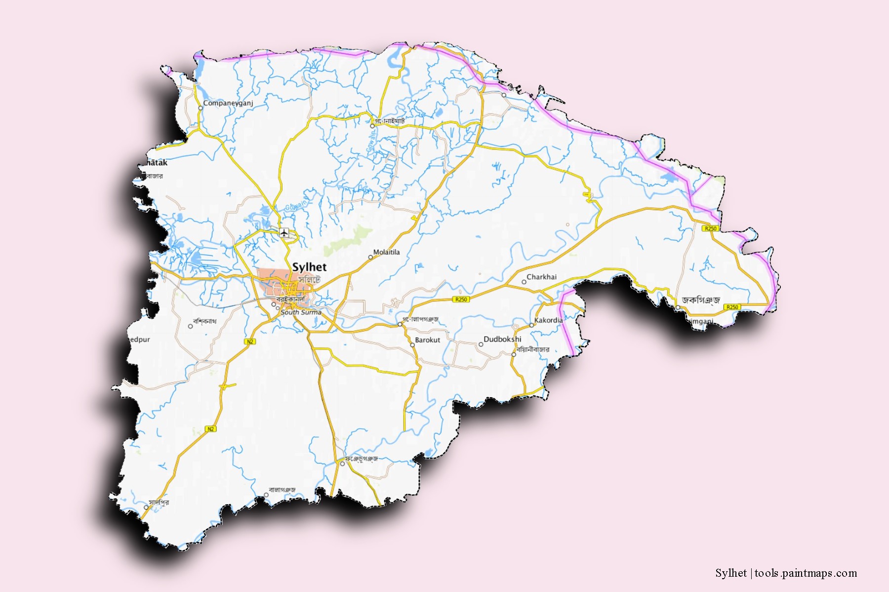 3D gölge efektli Sylhet mahalleleri ve köyleri haritası