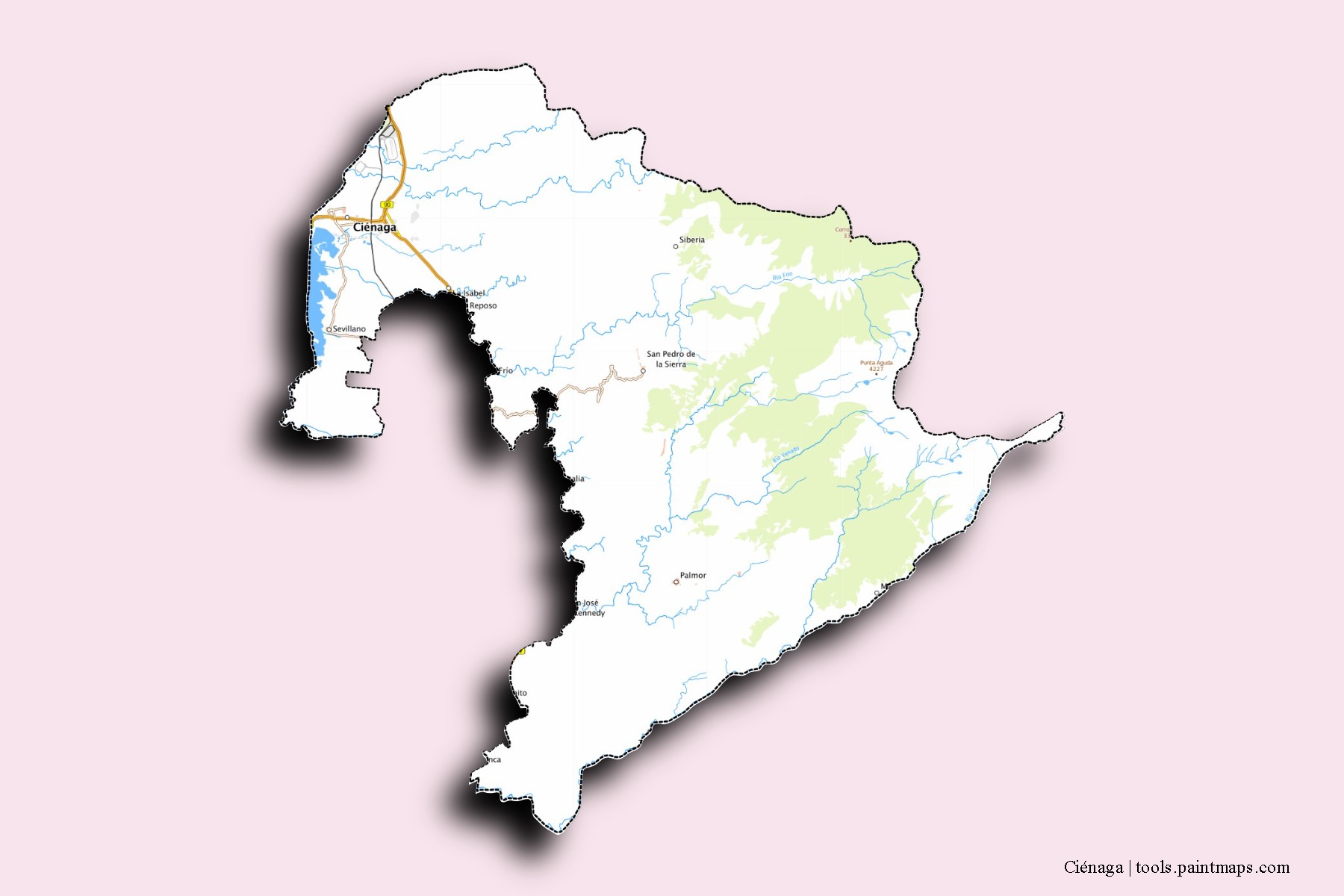 Mapa de barrios y pueblos de Ciénaga con efecto de sombra 3D