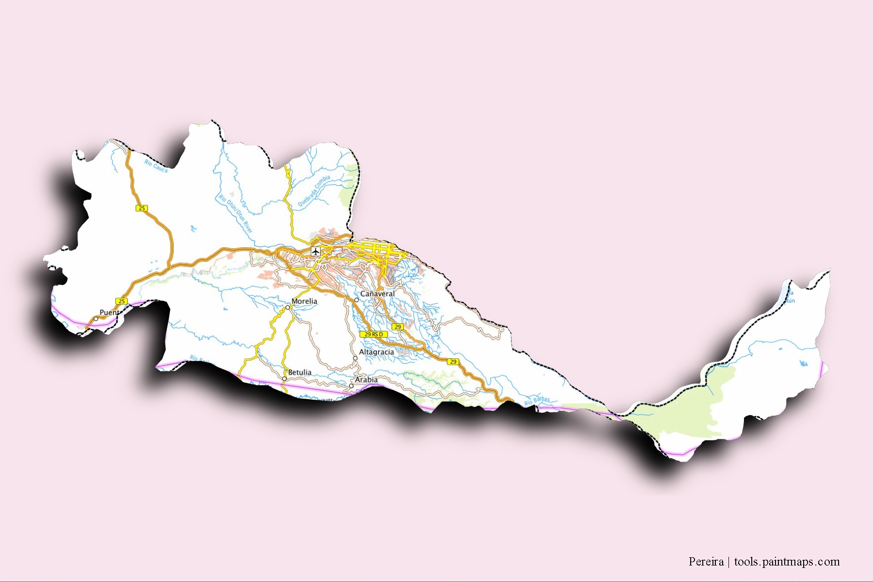 Pereira neighborhoods and villages map with 3D shadow effect