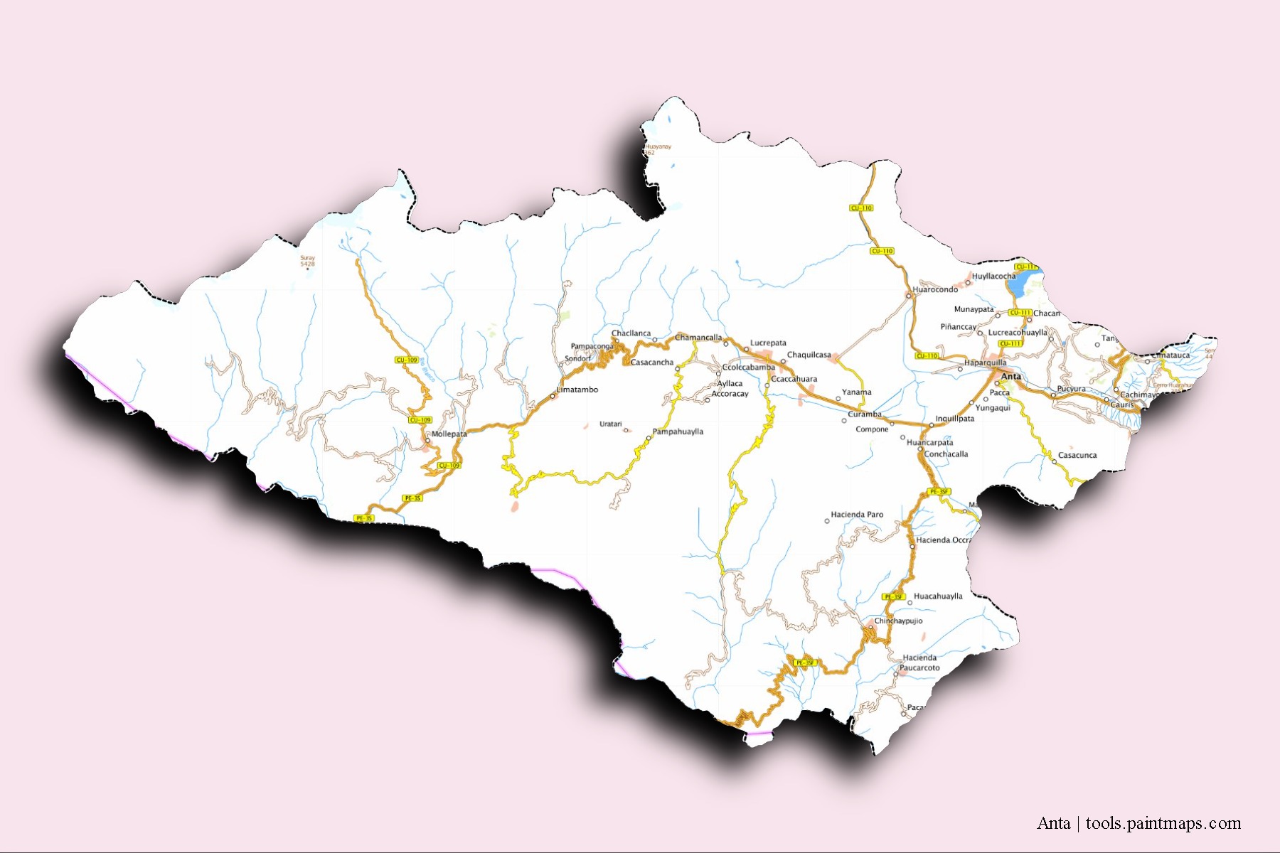 Mapa de barrios y pueblos de Anta con efecto de sombra 3D