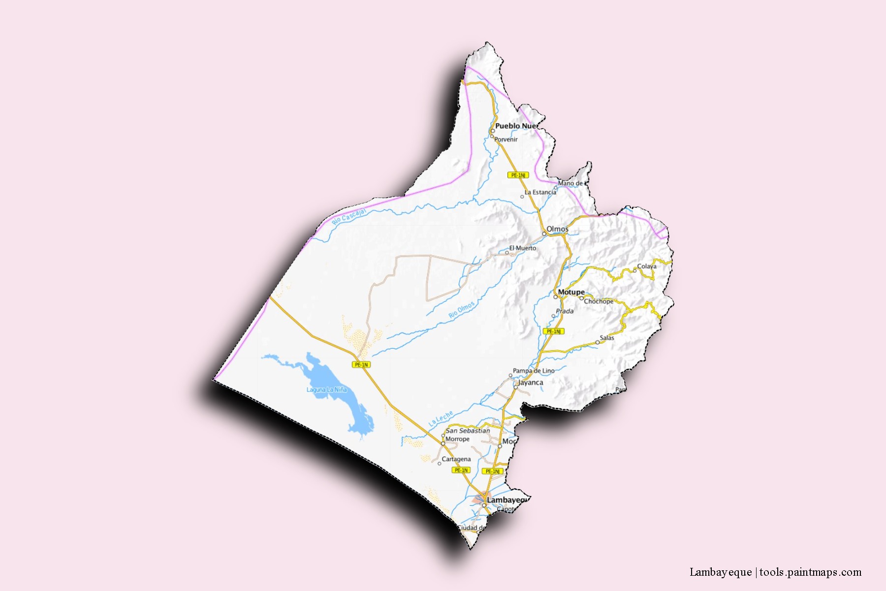 Lambayeque neighborhoods and villages map with 3D shadow effect