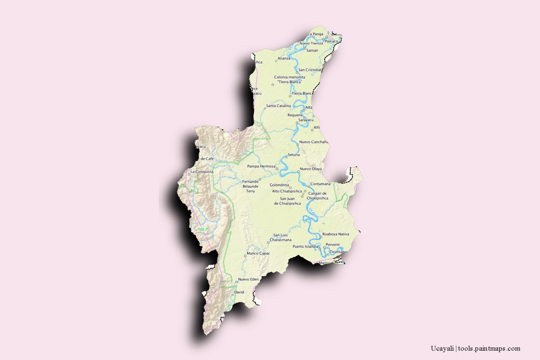 Mapa de barrios y pueblos de Ucayali con efecto de sombra 3D