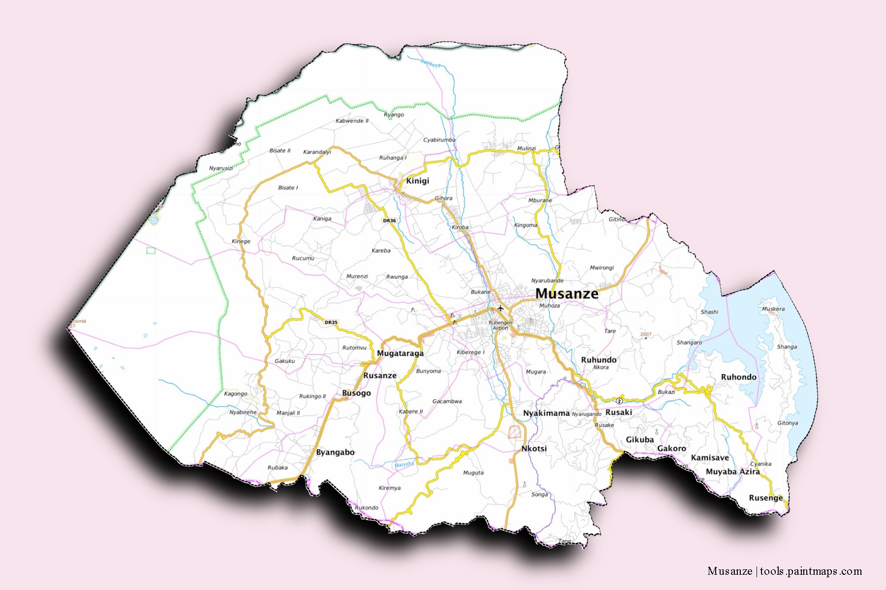 Mapa de barrios y pueblos de Musanze con efecto de sombra 3D