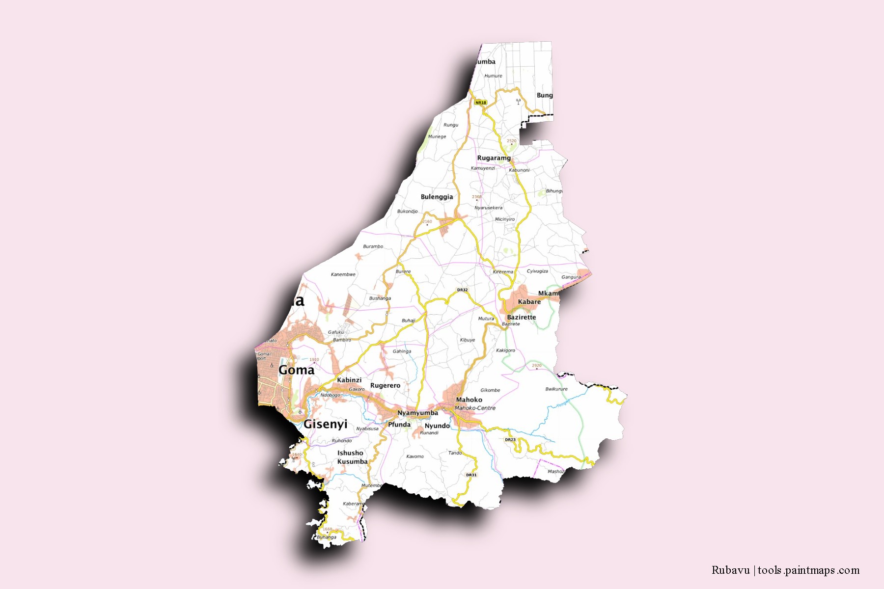 Mapa de barrios y pueblos de Rubavu con efecto de sombra 3D