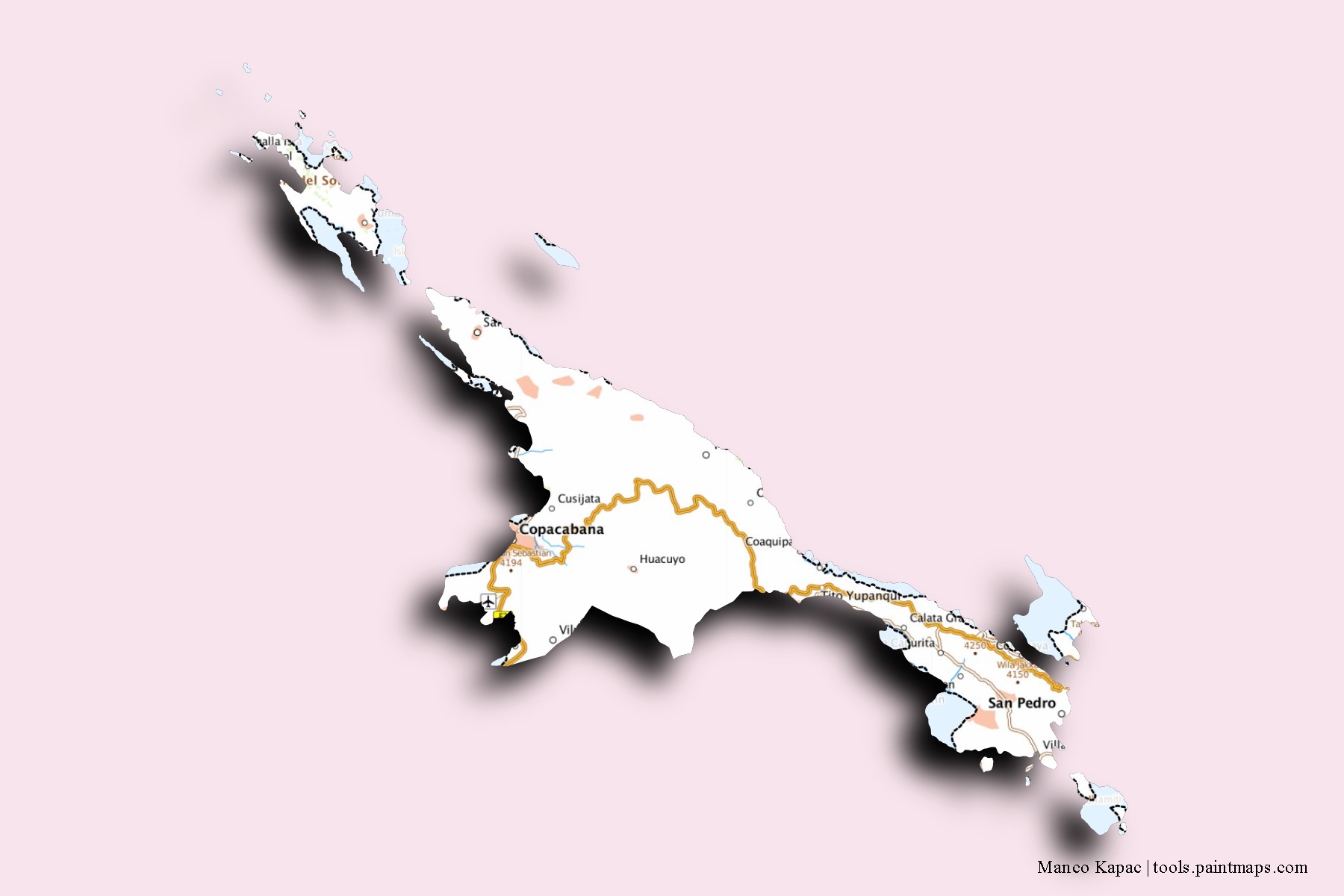 Mapa de barrios y pueblos de Manco Kapac con efecto de sombra 3D