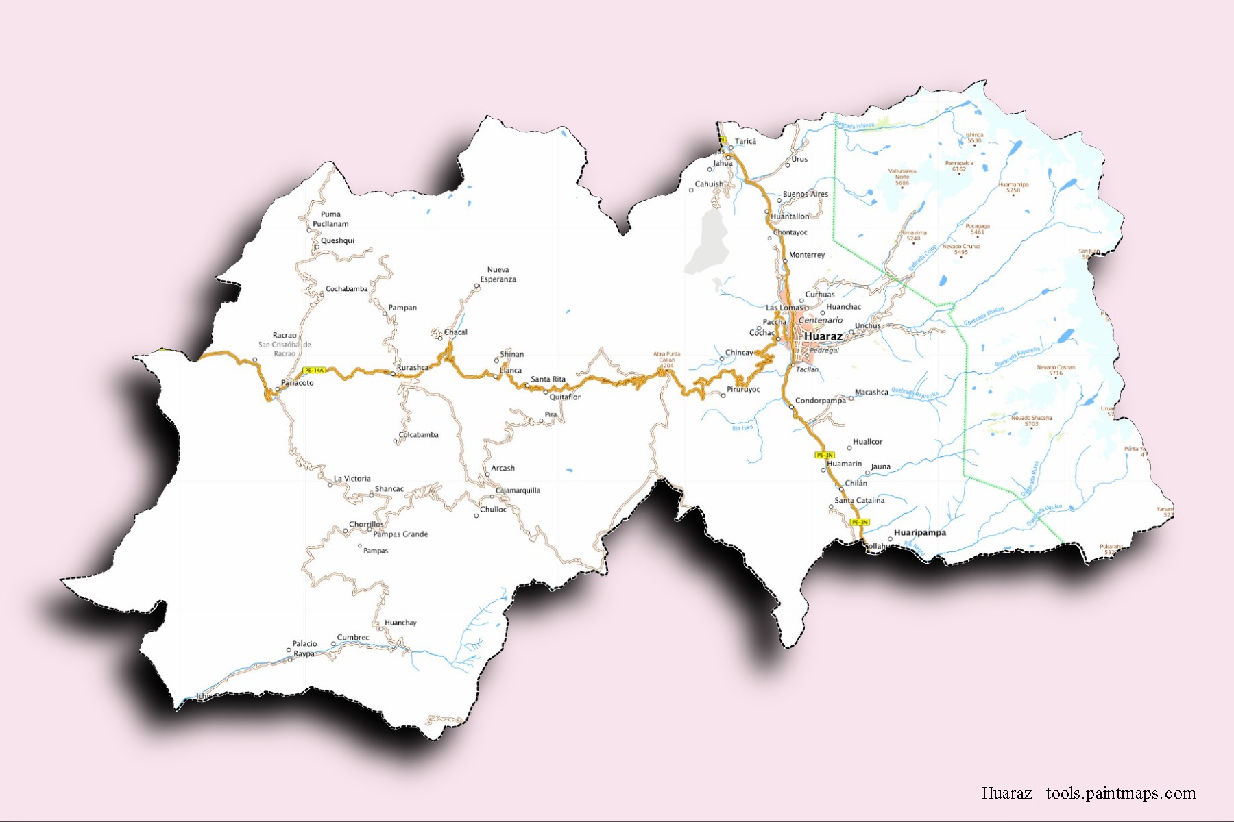 Mapa de barrios y pueblos de Huaraz con efecto de sombra 3D