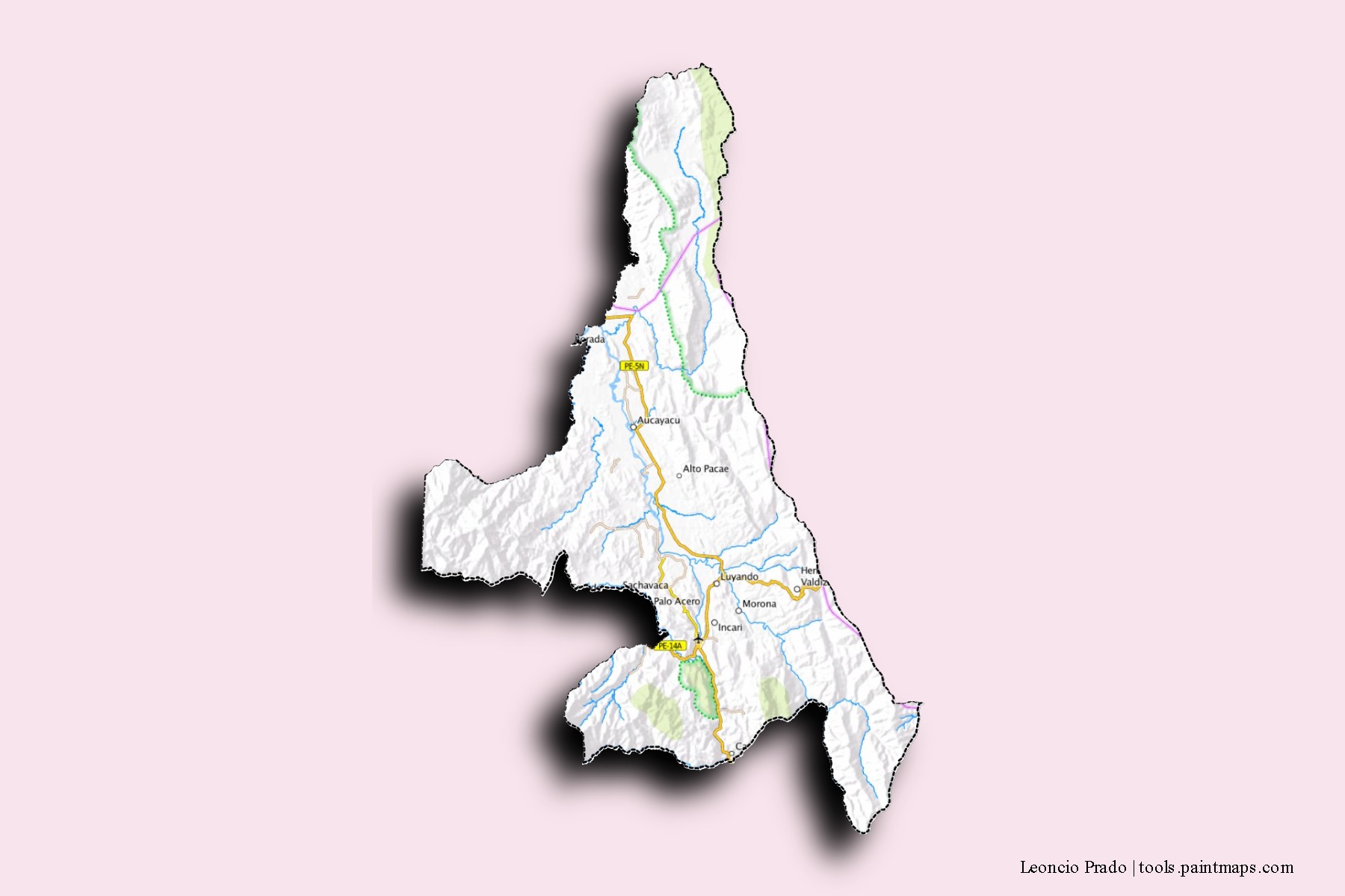 Mapa de barrios y pueblos de Leoncio Prado con efecto de sombra 3D