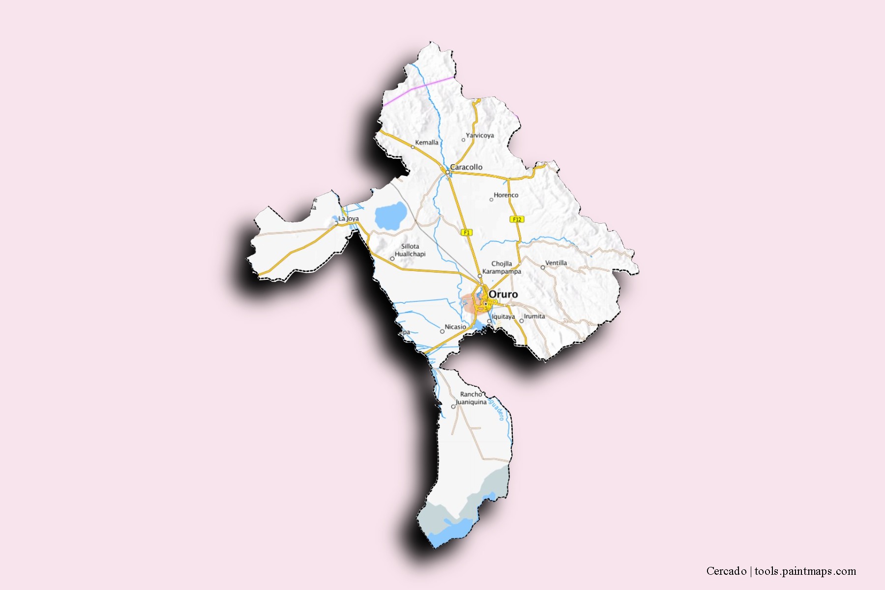 Mapa de barrios y pueblos de Cercado con efecto de sombra 3D