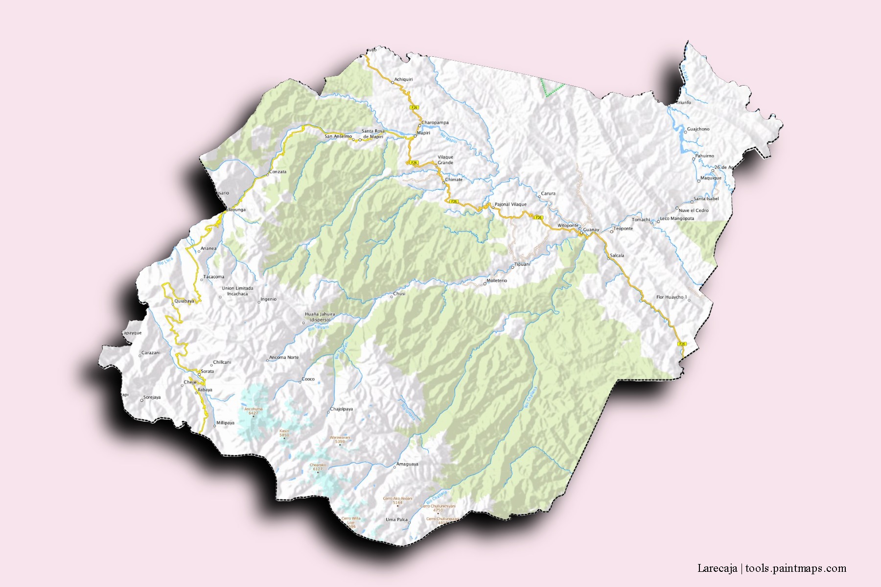 Mapa de barrios y pueblos de Larecaja con efecto de sombra 3D