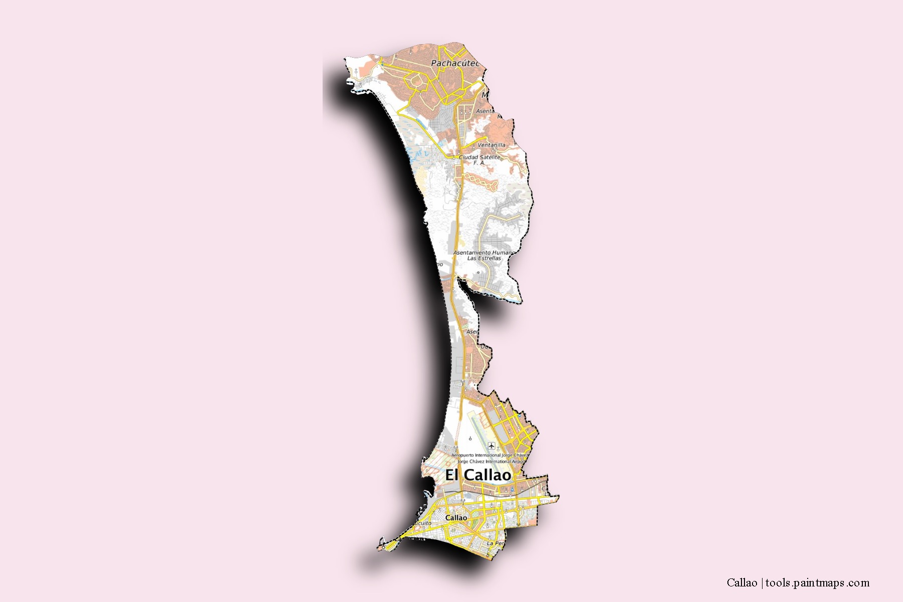 Mapa de barrios y pueblos de Callao con efecto de sombra 3D