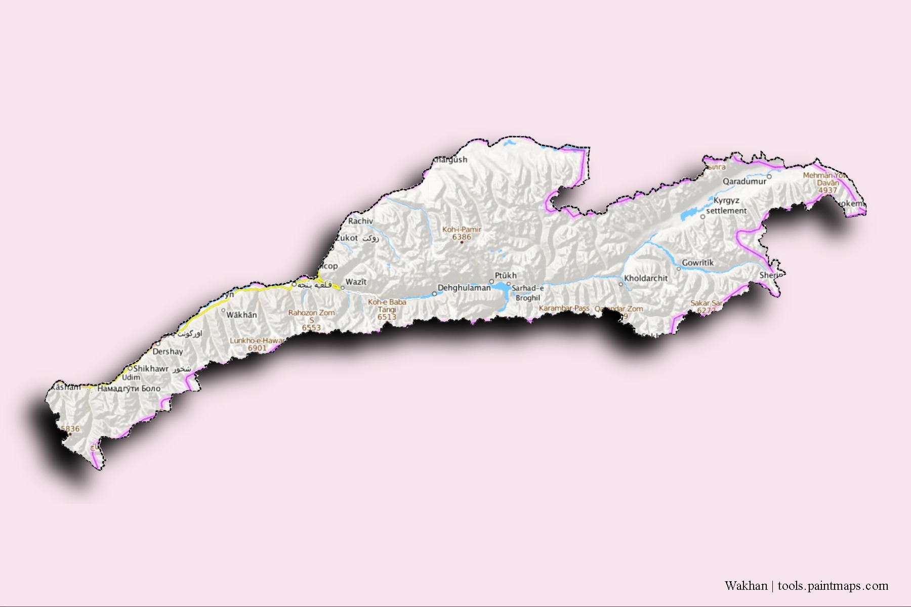 Mapa de barrios y pueblos de Wakhan con efecto de sombra 3D