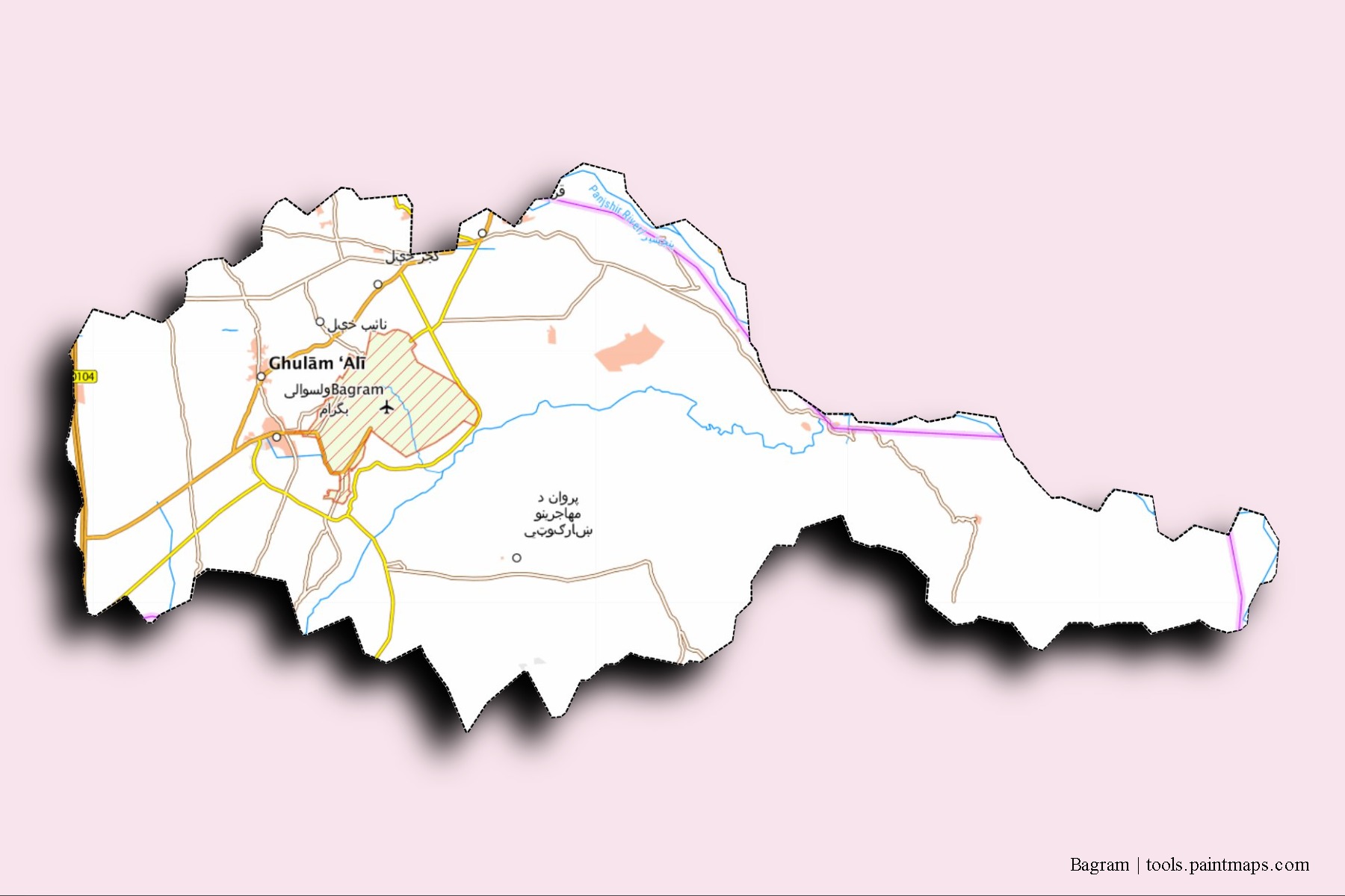 Mapa de barrios y pueblos de Bagram con efecto de sombra 3D