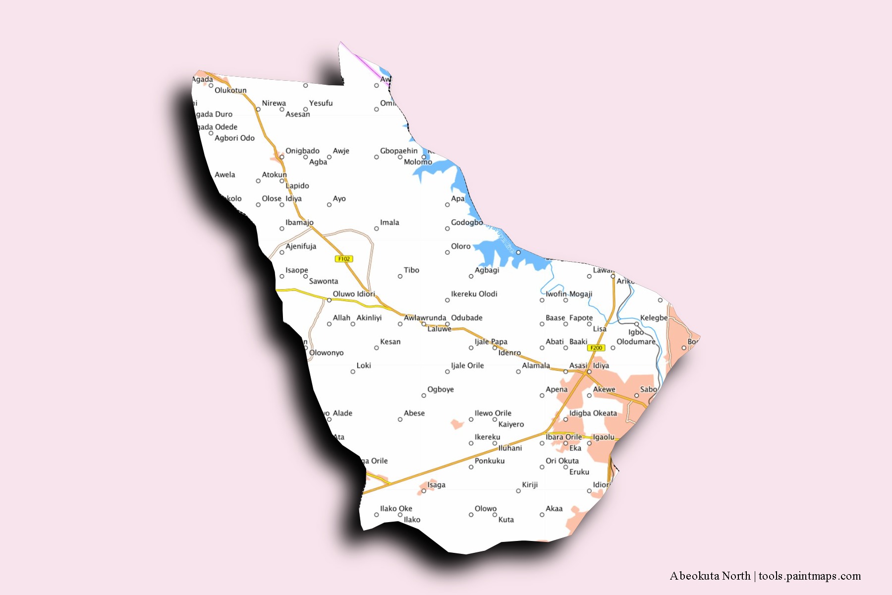 Abeokuta North neighborhoods and villages map with 3D shadow effect