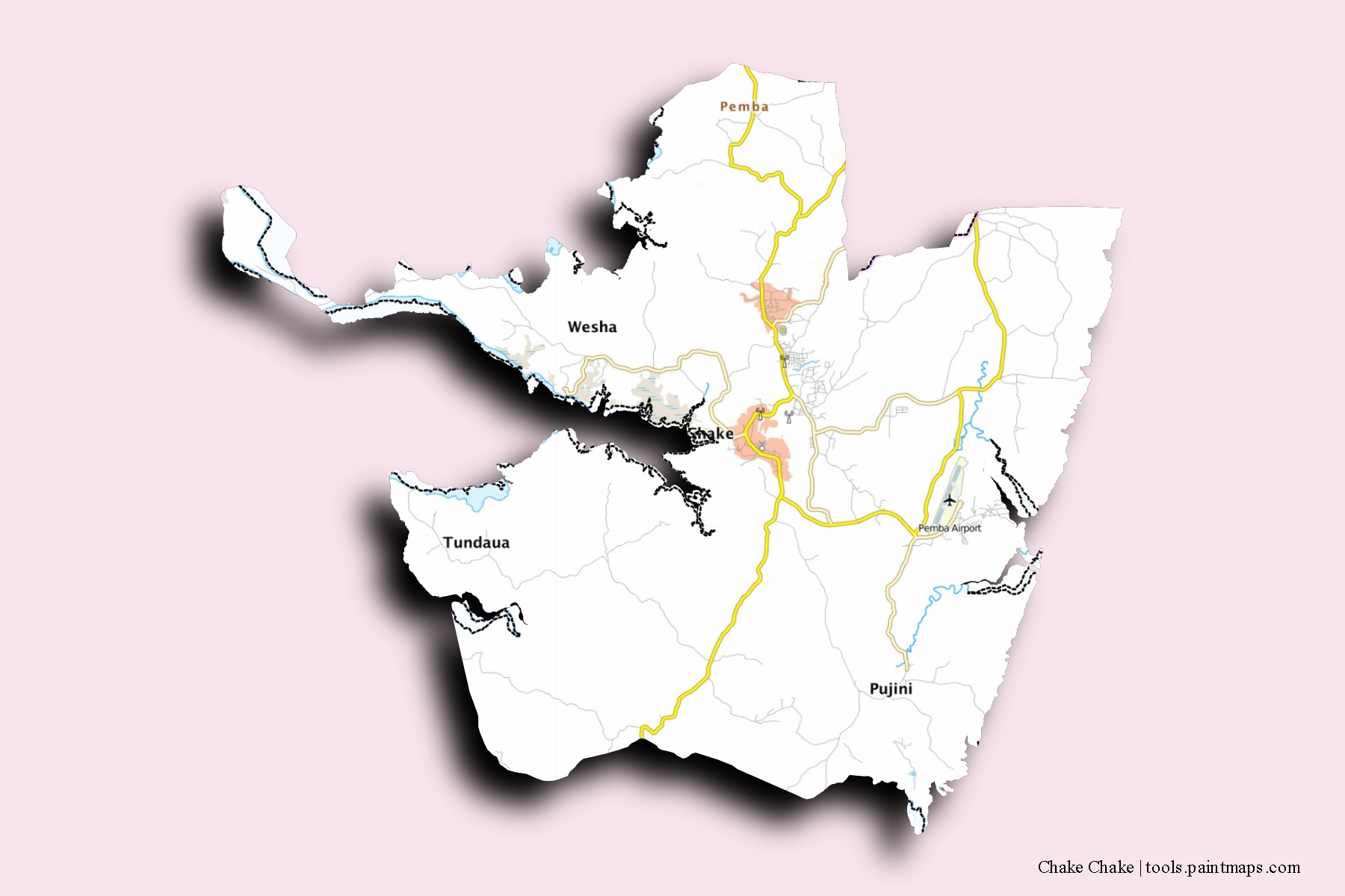 Mapa de barrios y pueblos de Chake Chake con efecto de sombra 3D