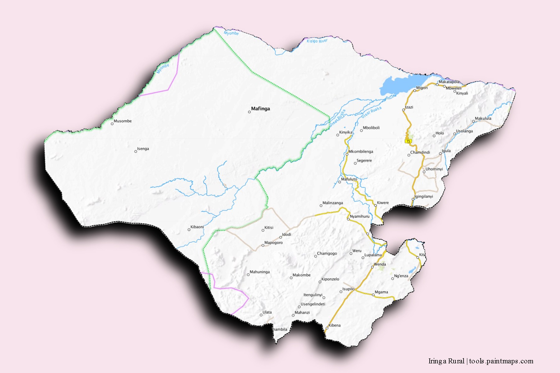 Mapa de barrios y pueblos de Iringa Rural con efecto de sombra 3D