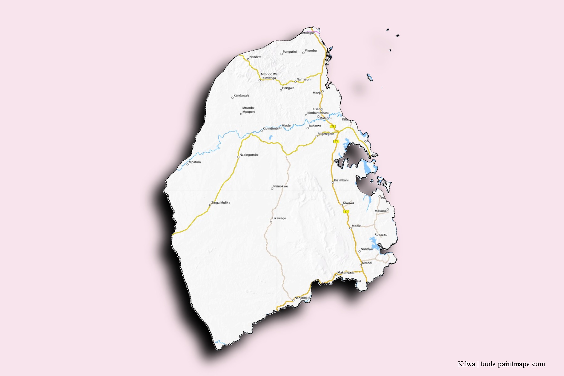 Mapa de barrios y pueblos de Kilwa con efecto de sombra 3D