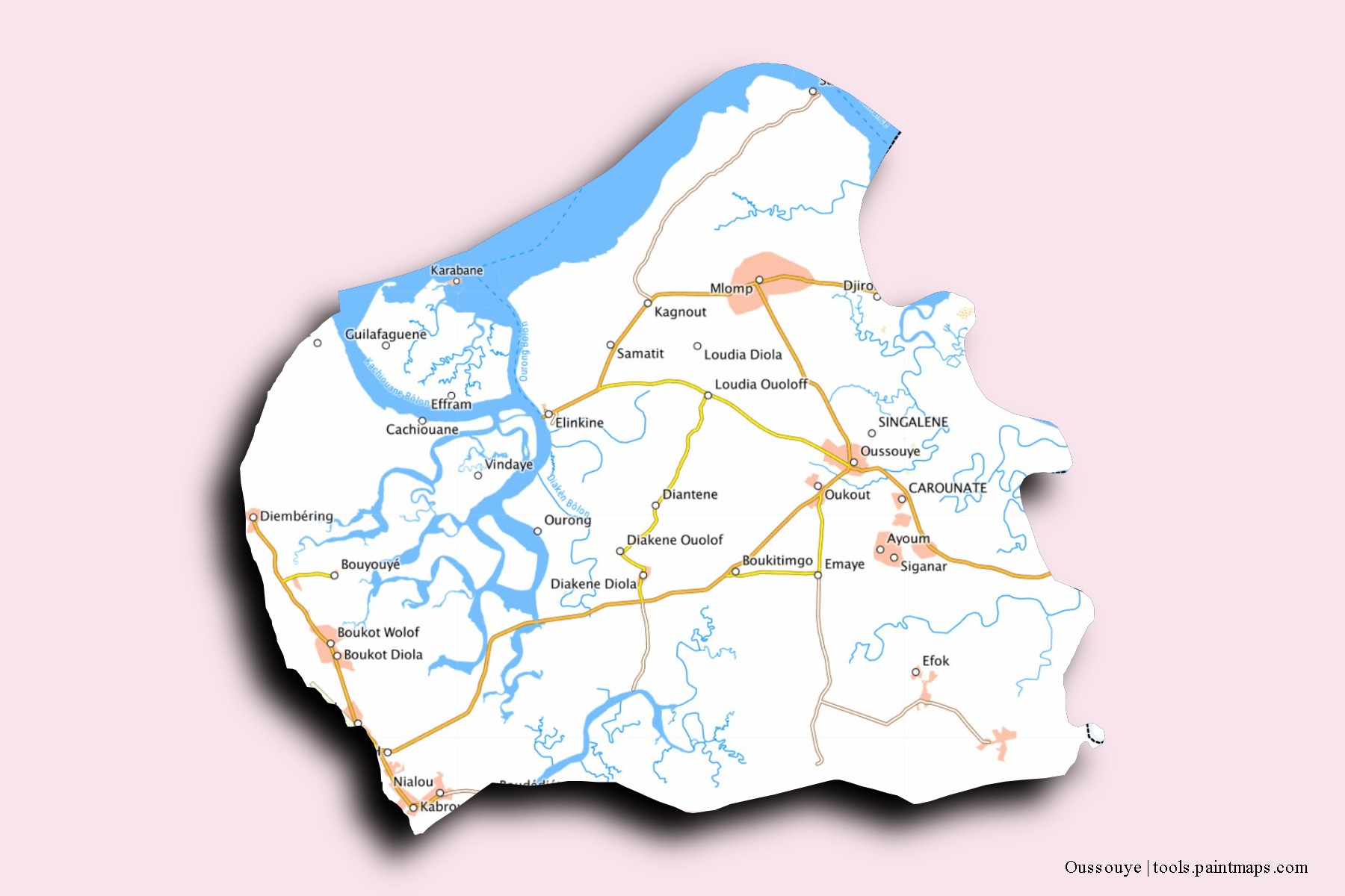 Mapa de barrios y pueblos de Oussouye con efecto de sombra 3D