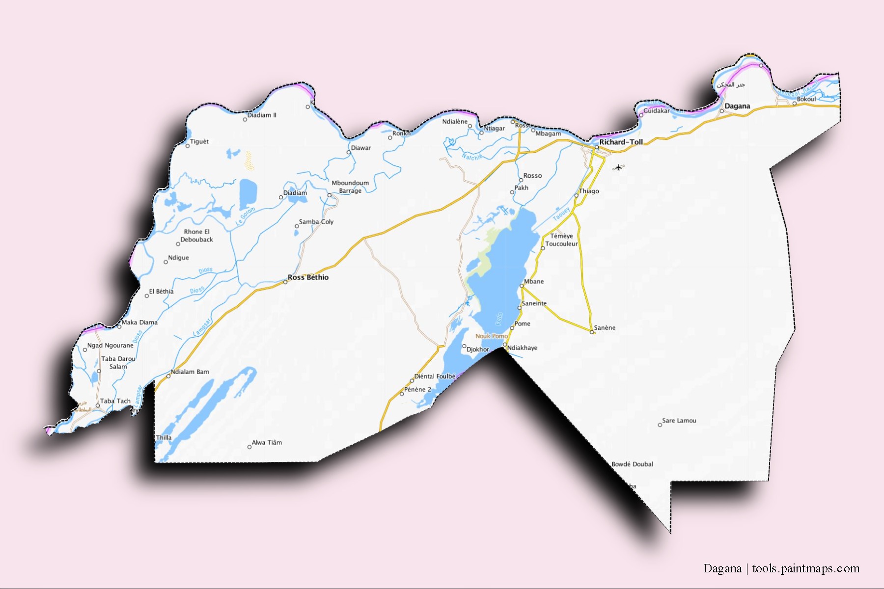 Mapa de barrios y pueblos de Dagana con efecto de sombra 3D