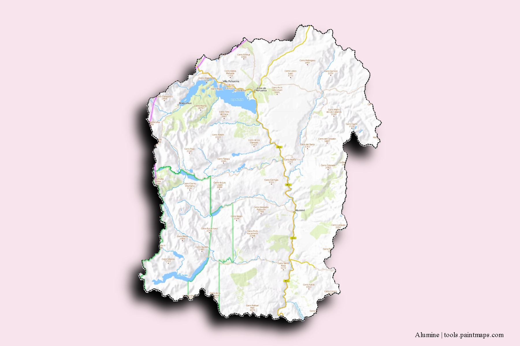 Mapa de barrios y pueblos de Alumine con efecto de sombra 3D