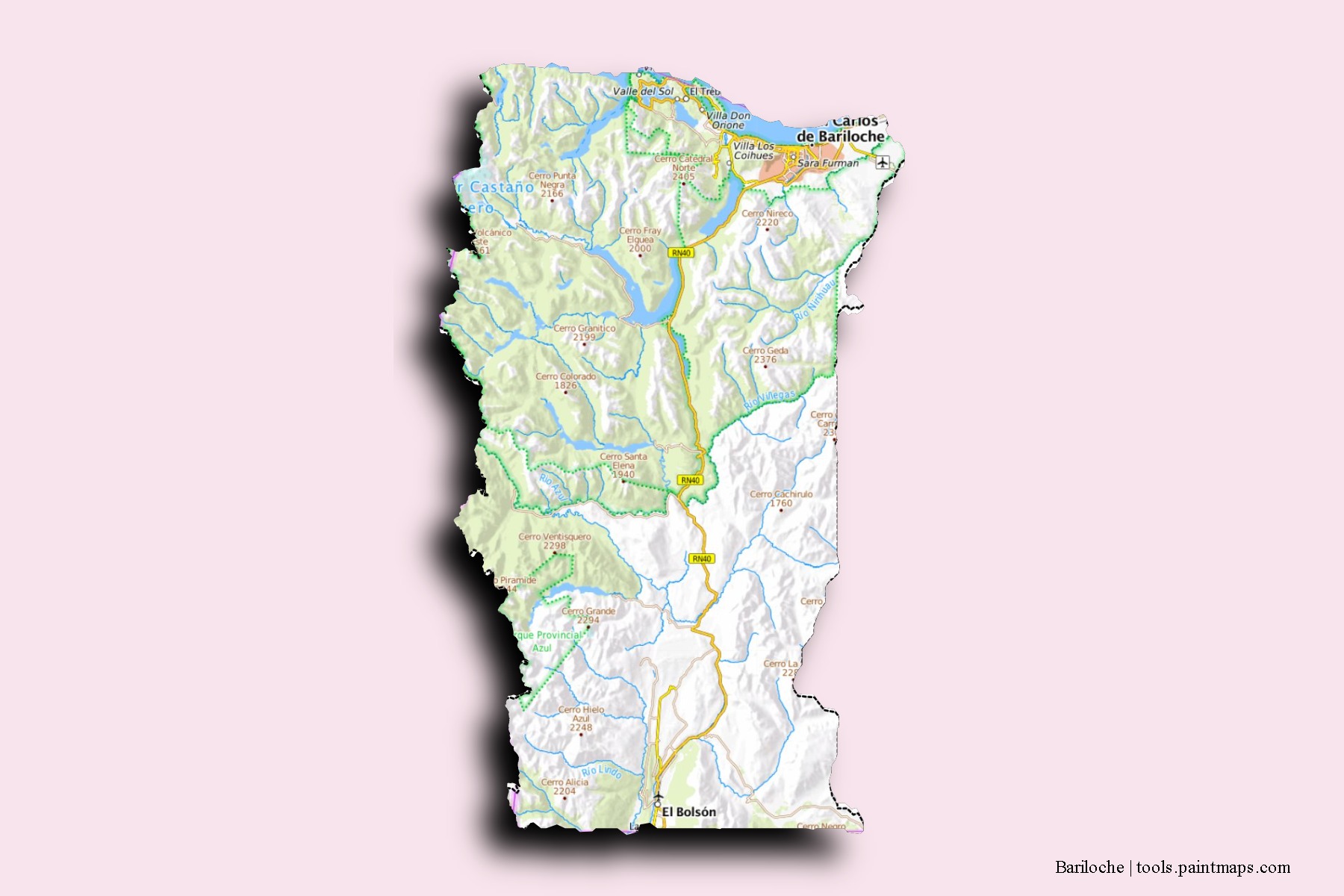 Mapa de barrios y pueblos de Bariloche con efecto de sombra 3D