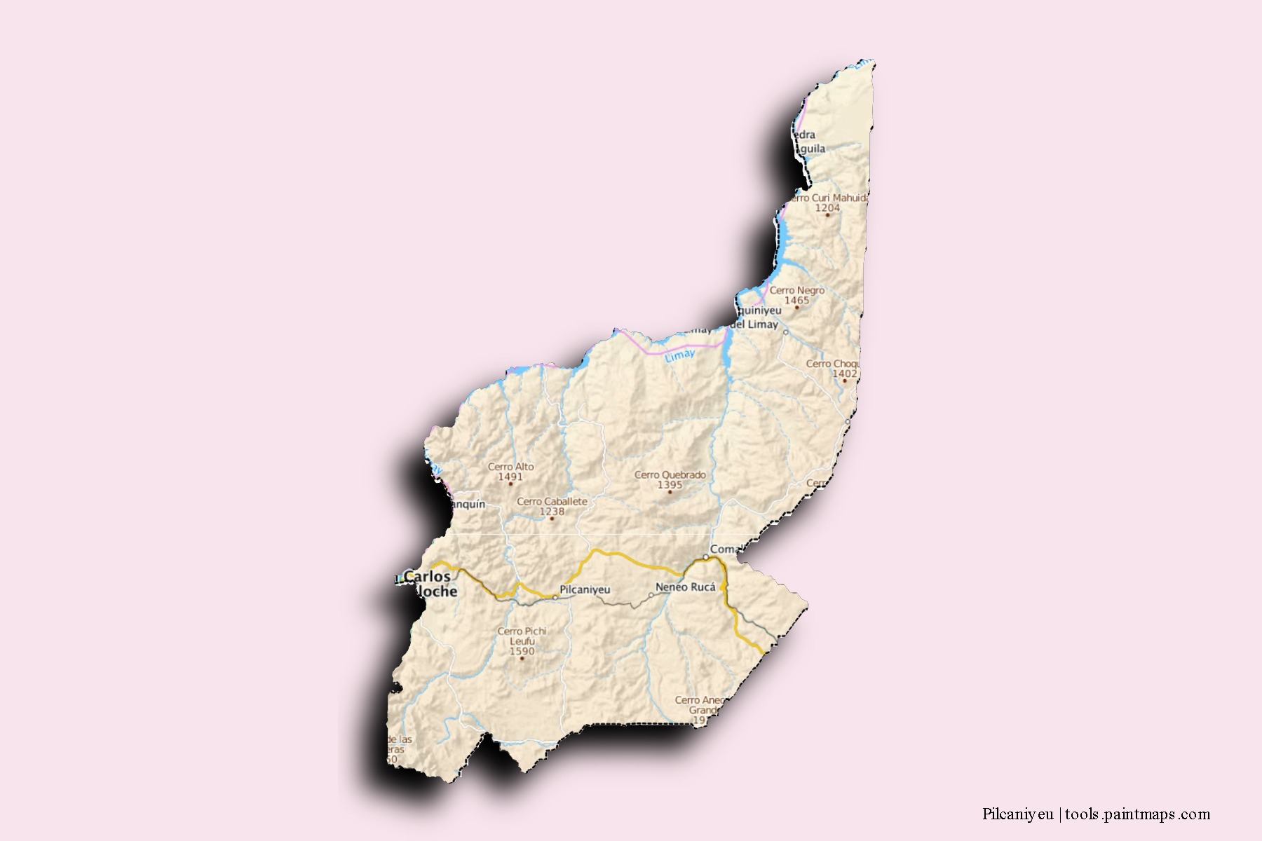 Mapa de barrios y pueblos de Pilcaniyeu con efecto de sombra 3D